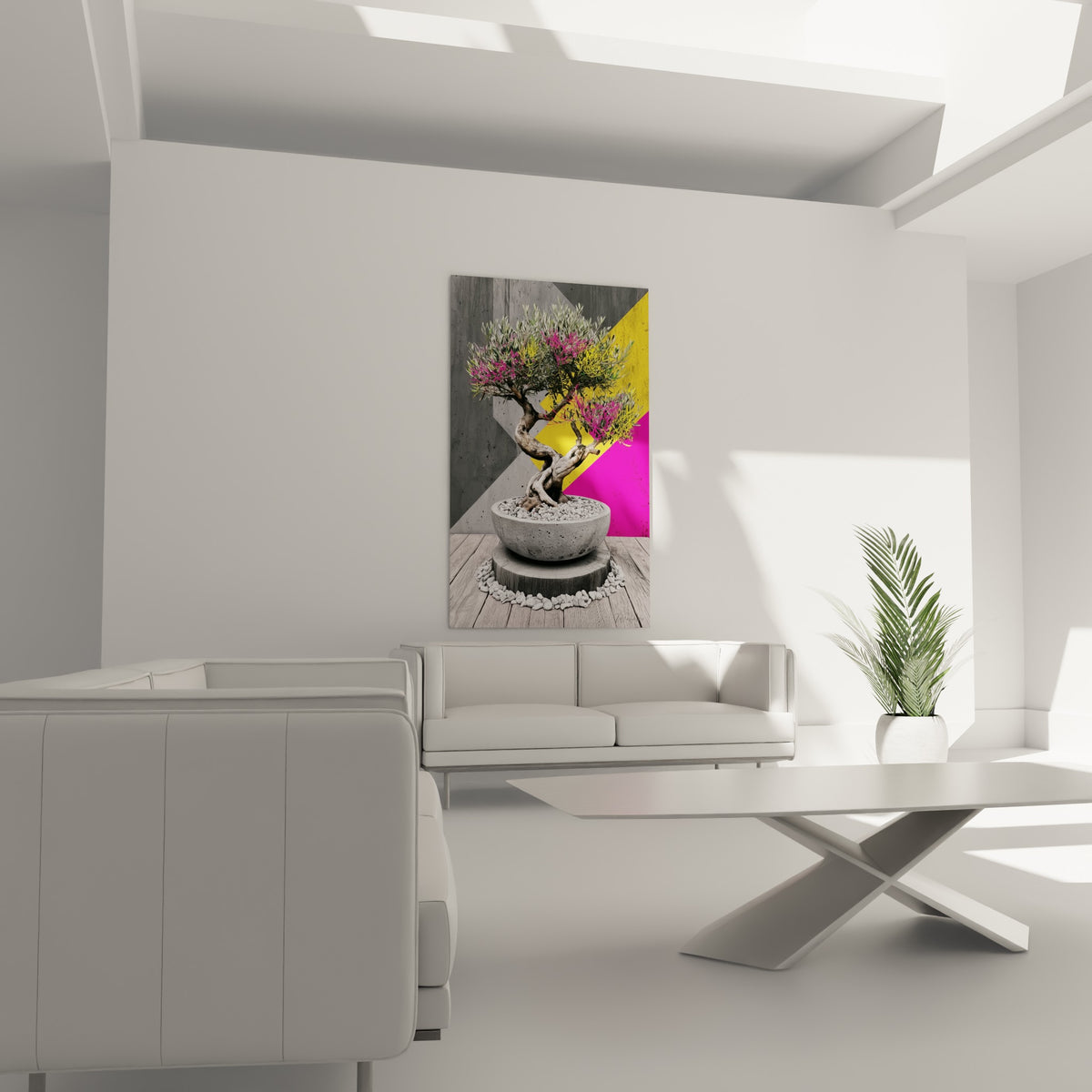 Tronc torsadé d'olivier bonsaï entre gris béton et fuchsia vif, au-dessus d'un canapé dans un salon lumineux