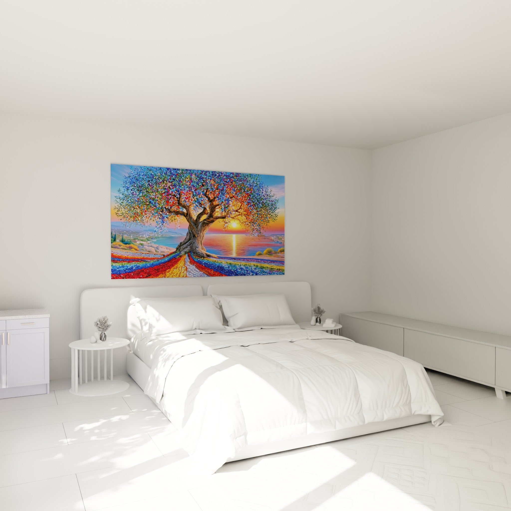 Racines colorées et feuillage bleu turquoise de l'Olivier au-dessus d'un lit dans une chambre claire