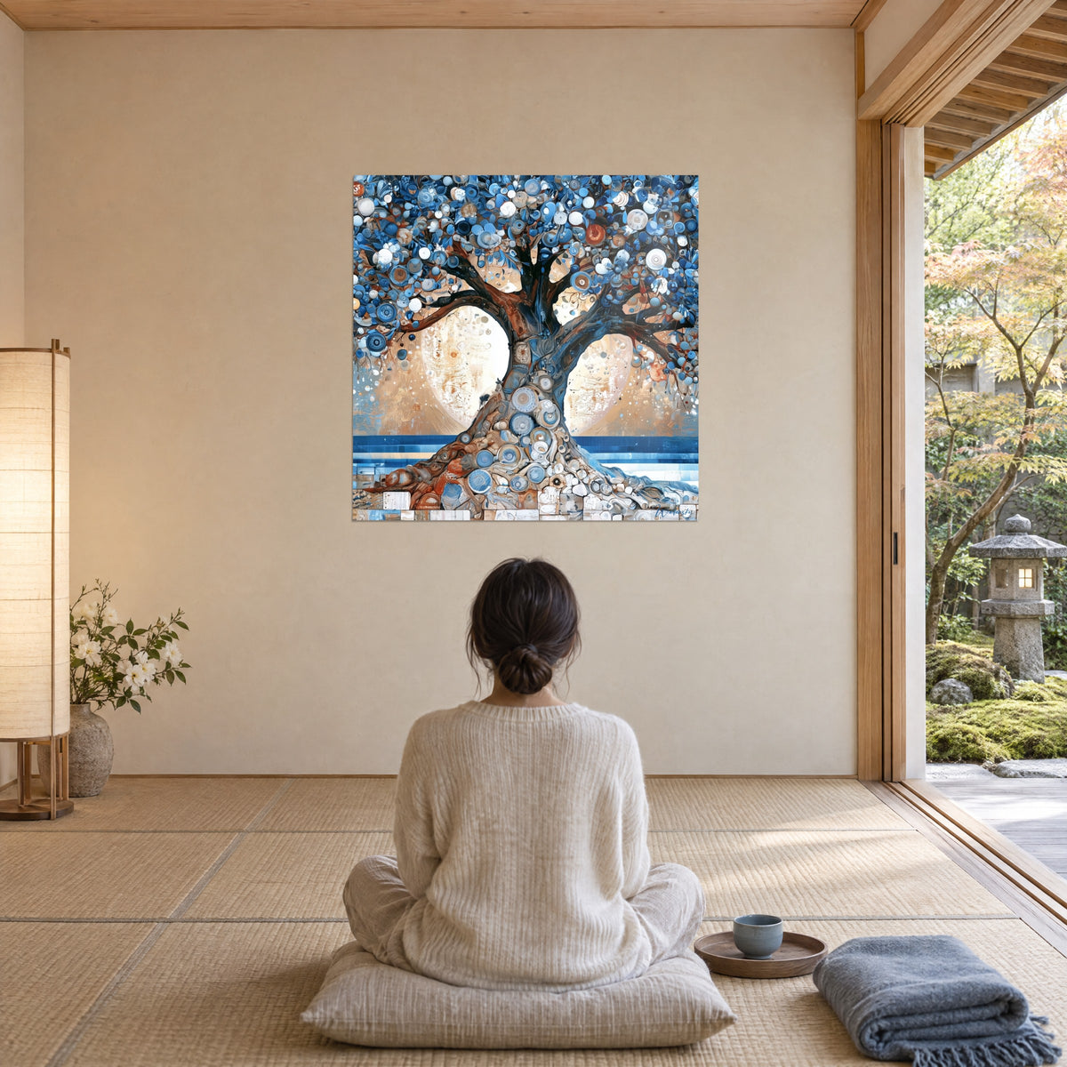 Tableau arbre bleu et doré, racines en galets nacrés devant la mer, personne de dos assise sur un coussin, pièce japandi