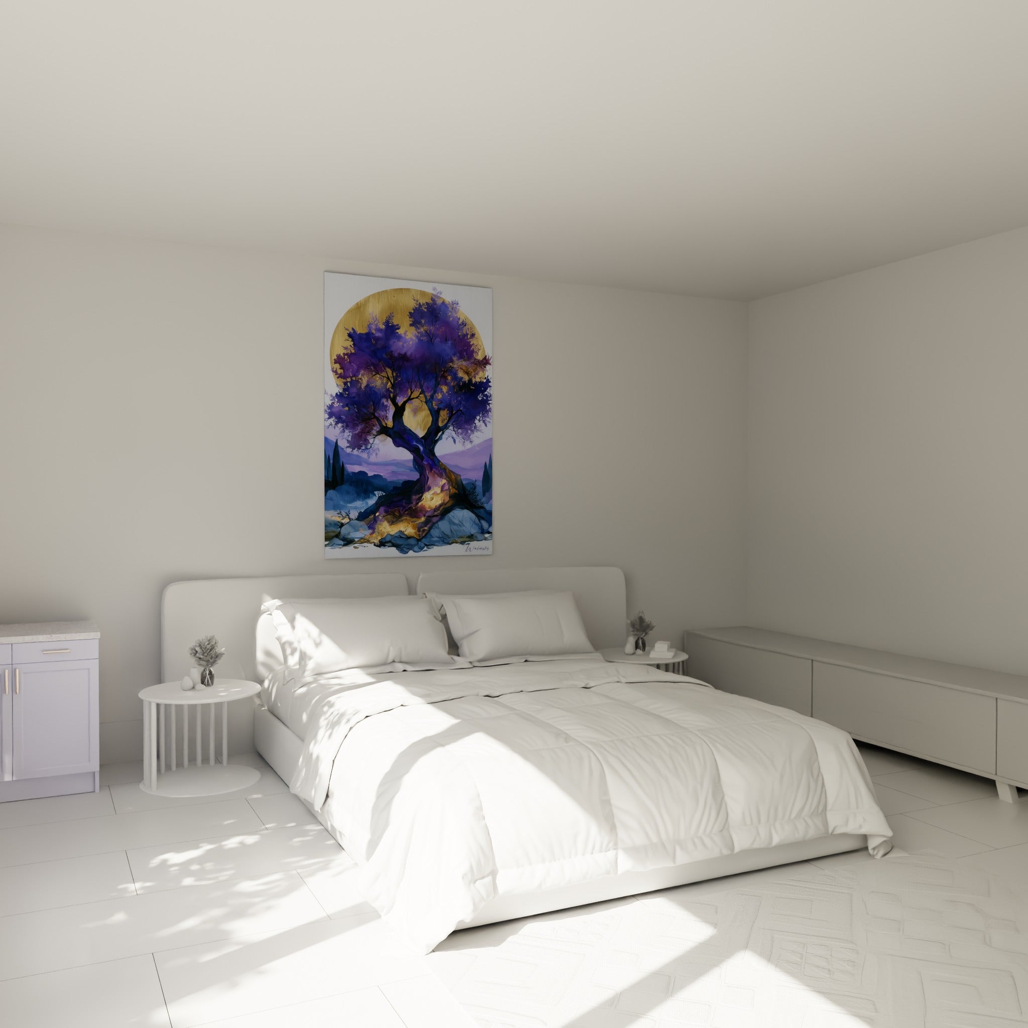 Racines dorées et branches violettes de l'olivier, accroché au-dessus d'un lit dans une chambre claire