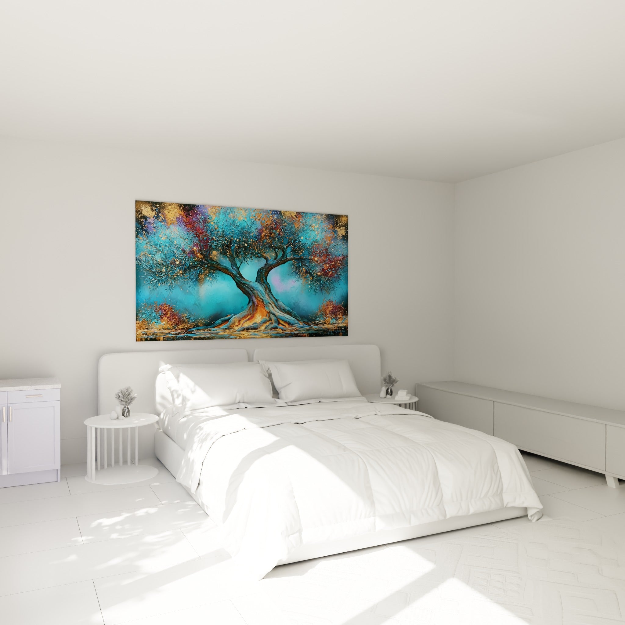 Racines dorées et feuillage bleu turquoise de cet olivier suspendu au-dessus d'un lit dans une chambre claire