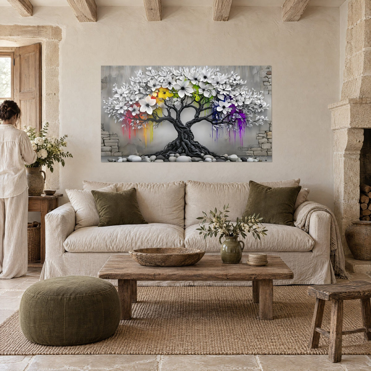 Gemälde schwarzer Baum mit weißen Blüten und regenbogenfarbenen Laufspuren vor grauer Wand, über einem Sofa in einem hellen Wohnzimmer
