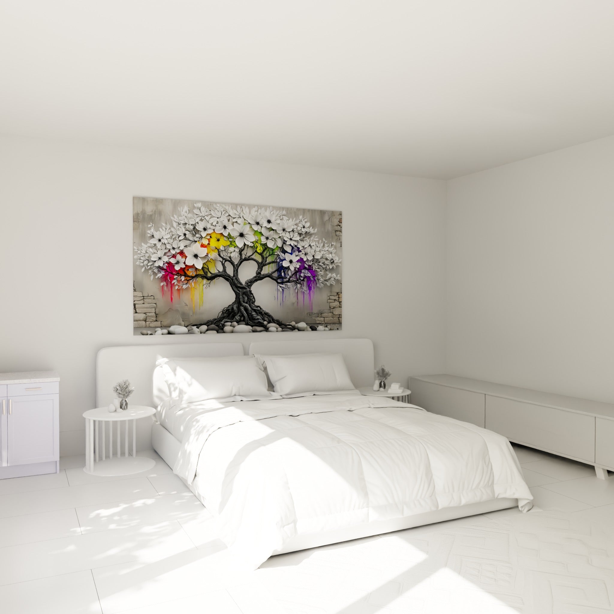 Arbre stylisé aux branches anthracite et fleurs blanches, accroché au-dessus d'un lit dans une chambre claire