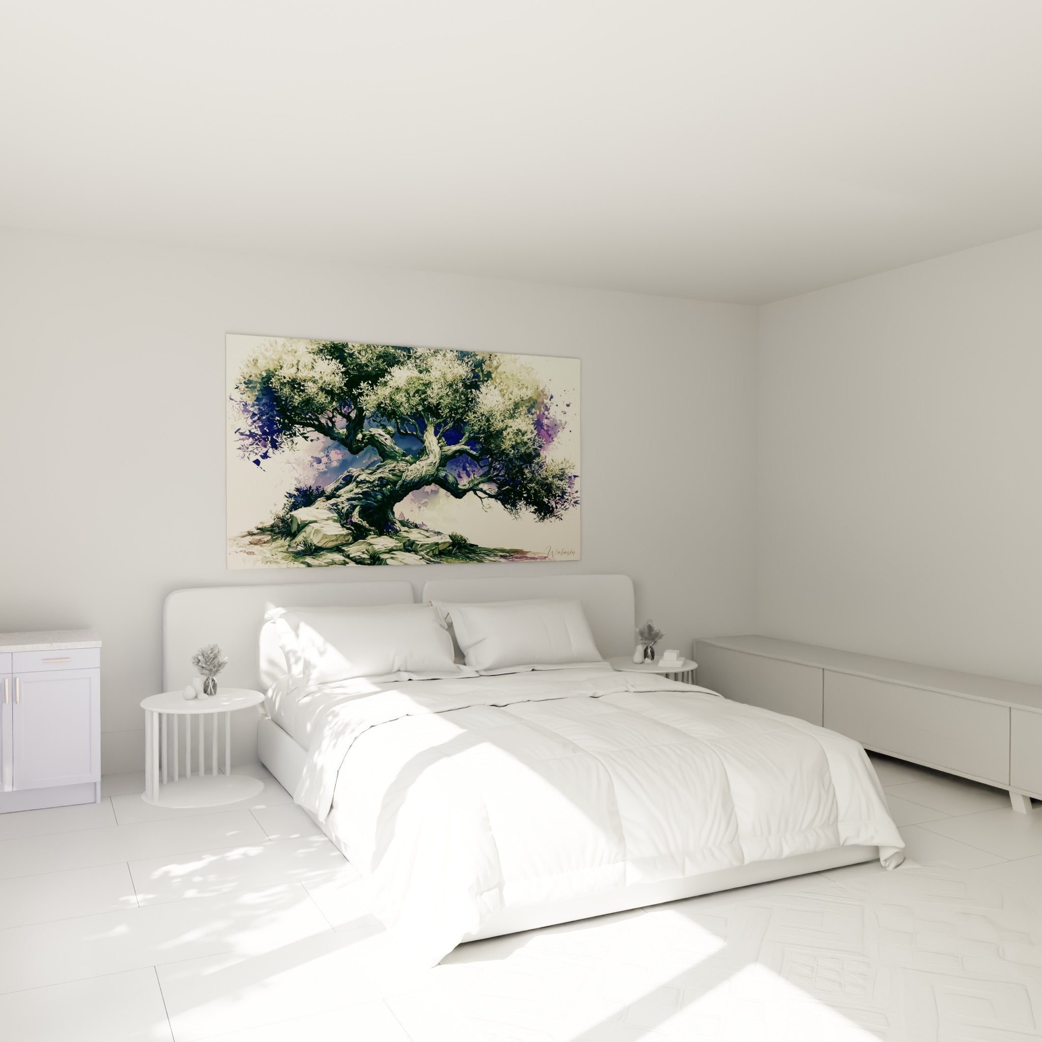 Arbre millénaire aux racines grises et reflets mauves, accroché au-dessus d'un lit dans une chambre claire