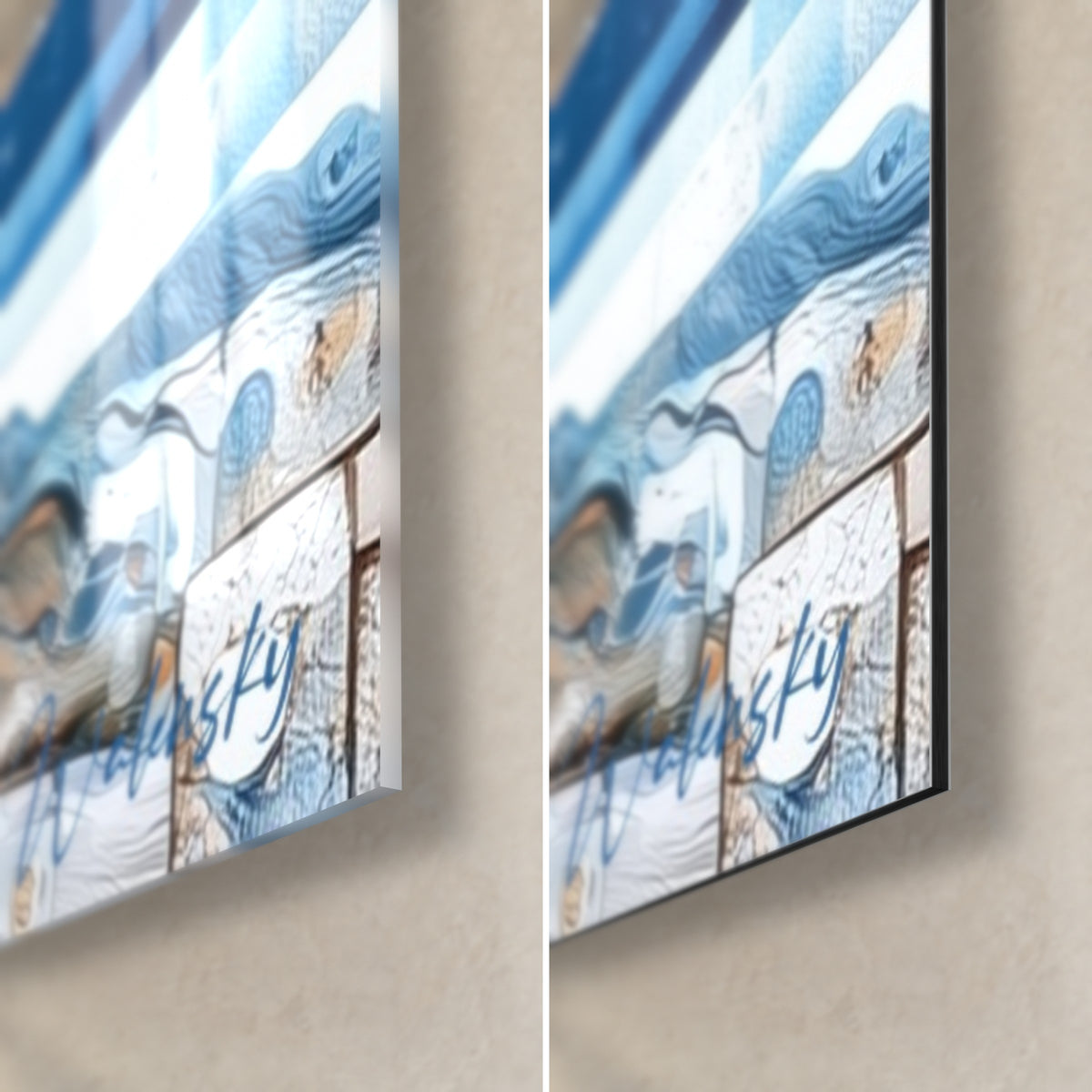 Tableau arbre bleu et cuivre, coin bas droit : verre brillant à gauche, alu Dibond mat à droite, tranche de 3 mm visible