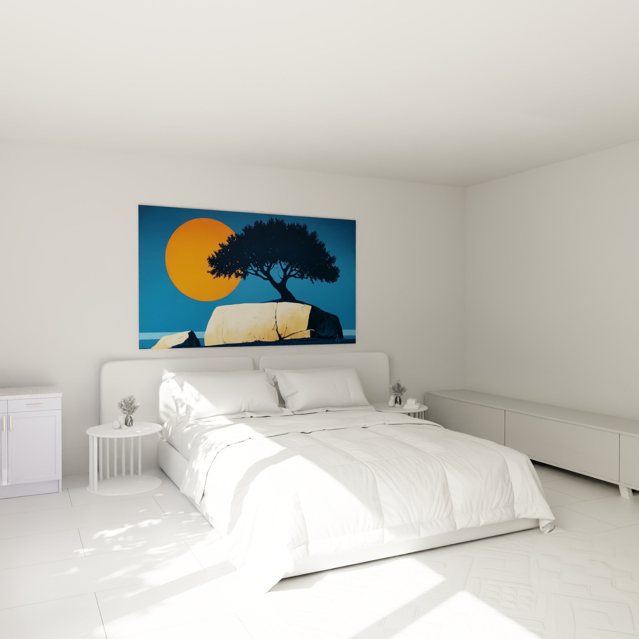 Silhouette d'olivier bleu nuit et sphère orangée accrochée au-dessus d'un lit dans une chambre claire