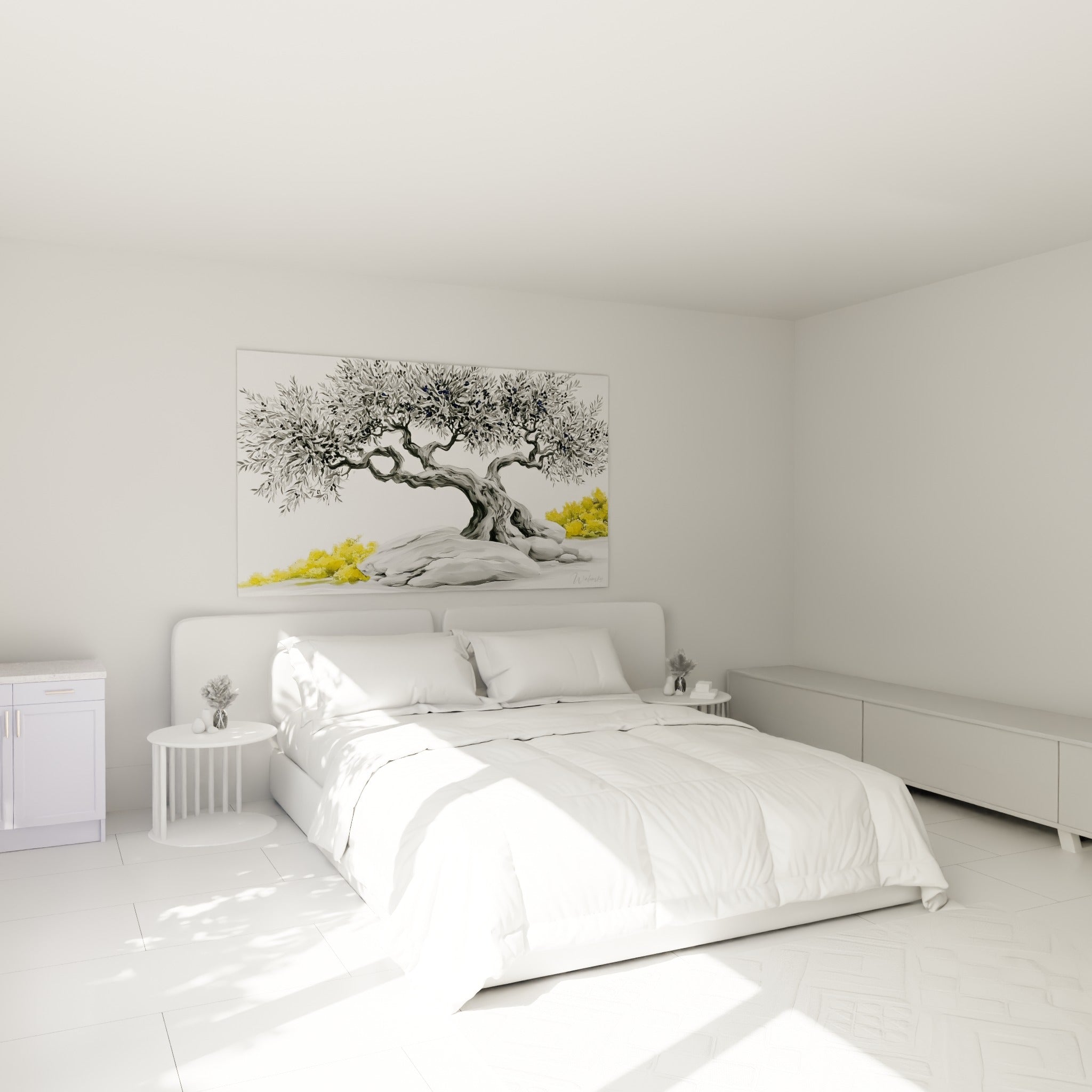 Arbre centenaire gris et jaune moutarde accroché au-dessus d'un lit dans une chambre claire