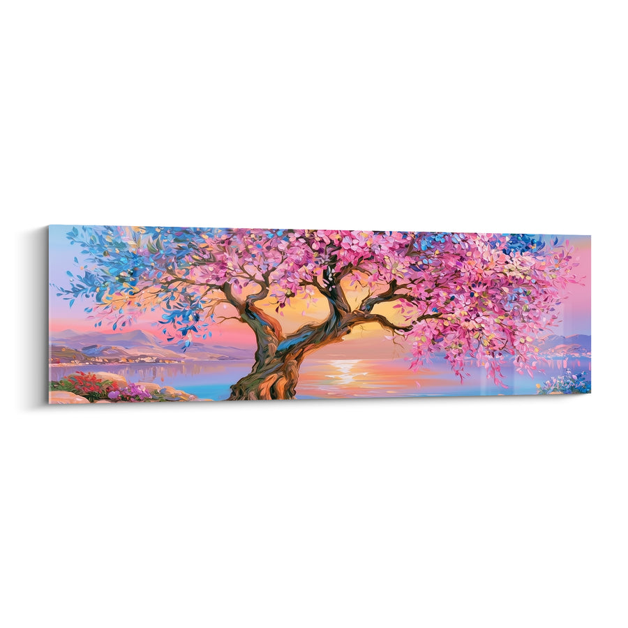 Tableau Olivier fleuri rose et bleu au bord d'un lac - Montagnes lointaines et fleurs sauvages - Edition Olivier