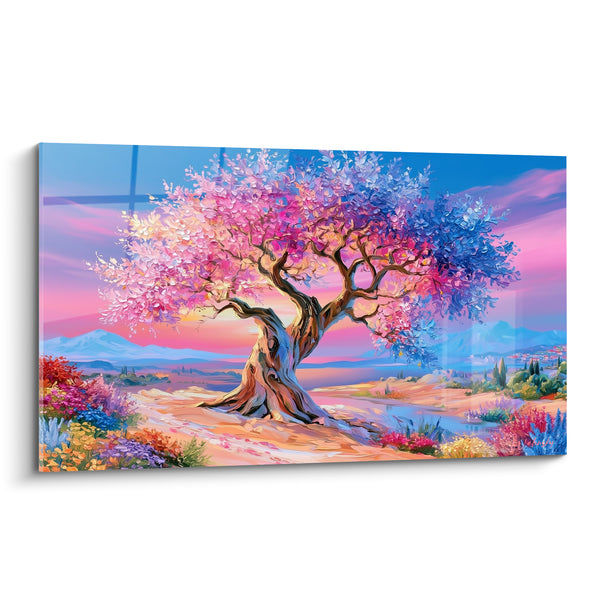 Tableau Olivier au feuillage rose et bleu près d'une rivière - Collines fleuries multicolores - Edition Olivier