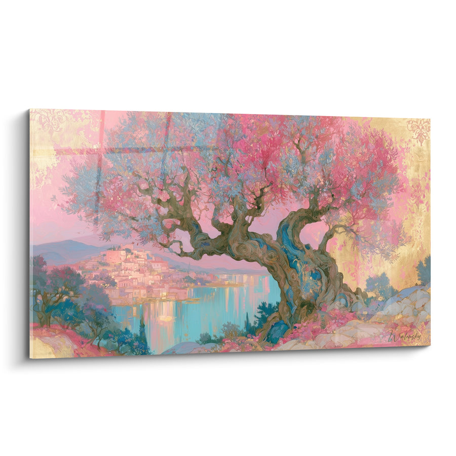 Tableau Olivier centenaire rose et doré près d'un village - Rêverie méditerranéenne - Edition Olivier