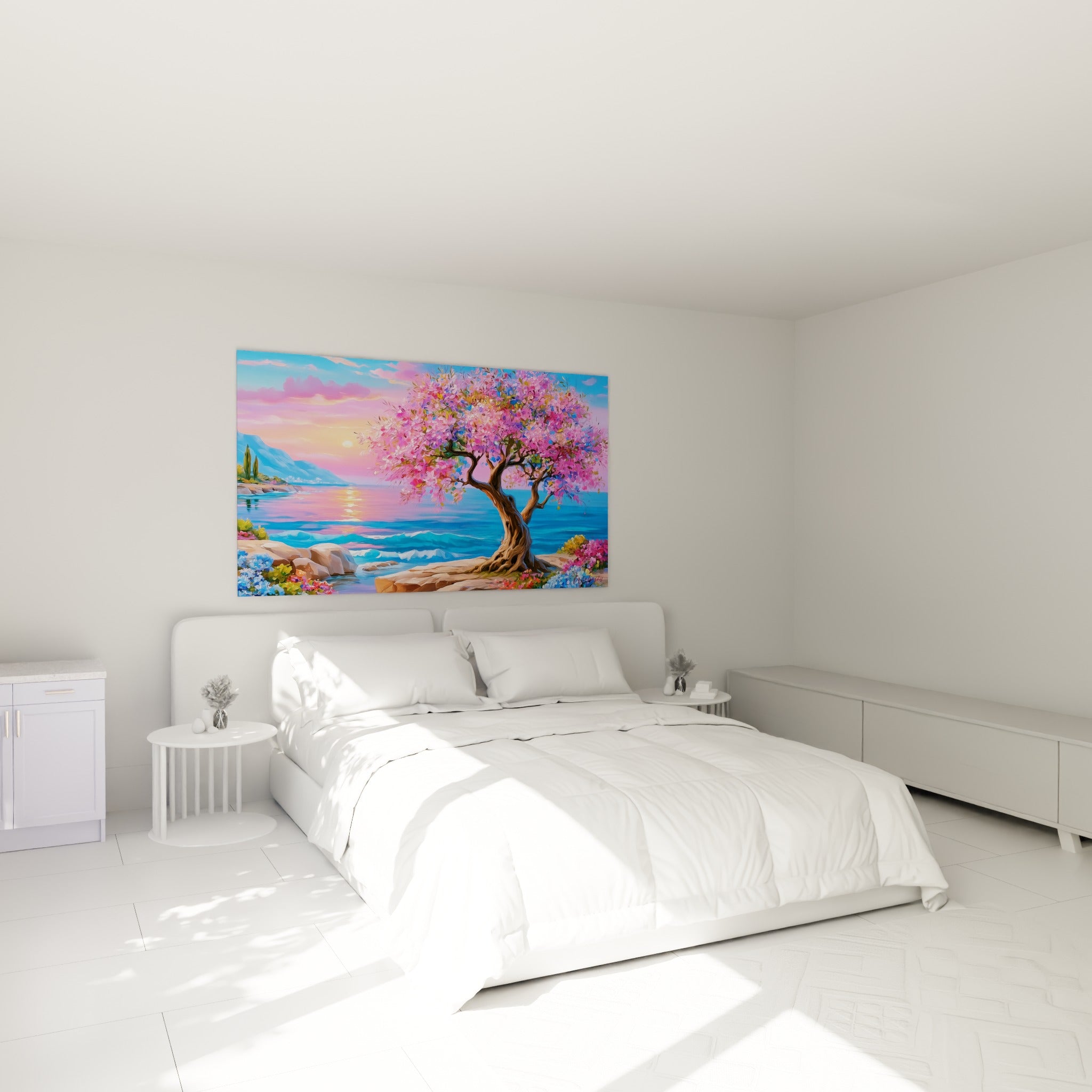 Arbre fleuri rose et bleu au coucher du soleil au-dessus d'un lit dans une chambre claire