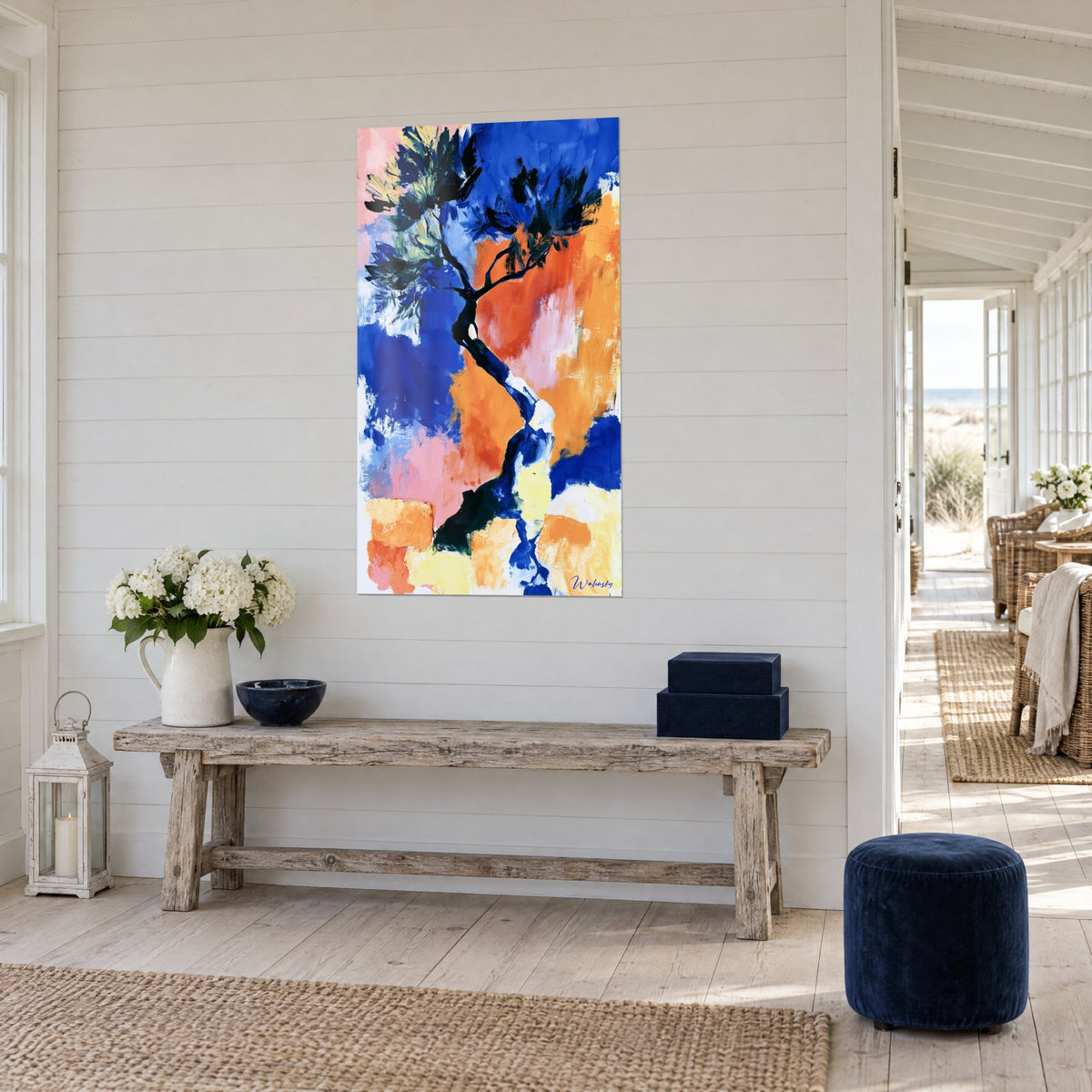 Wall art Mediterranean tree with pink and pale yellow brushstrokes, gnarled black trunk, three-quarter view, seaside house