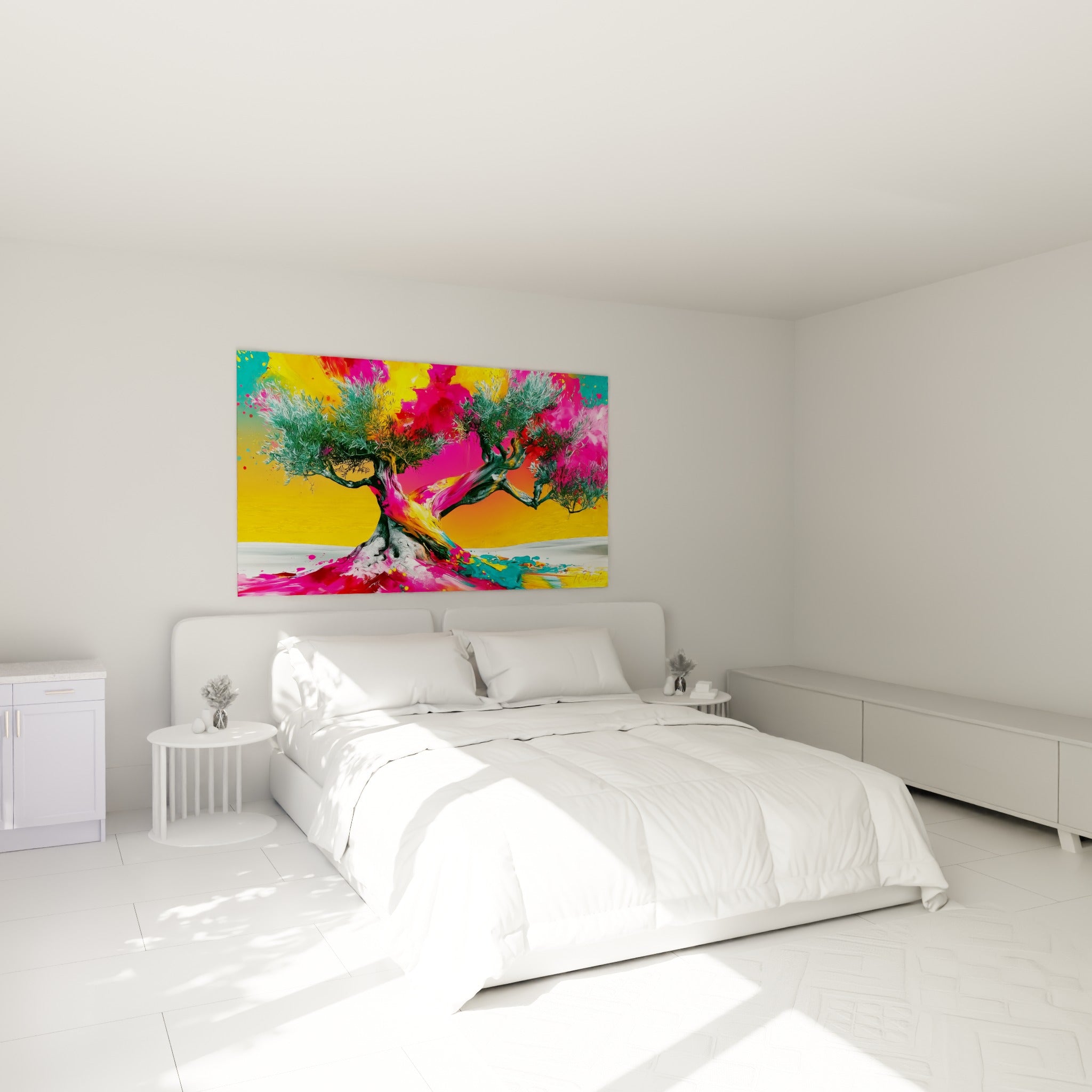 Branches d'olivier fuchsia et jaune vif accrochées au-dessus d'un lit dans une chambre claire