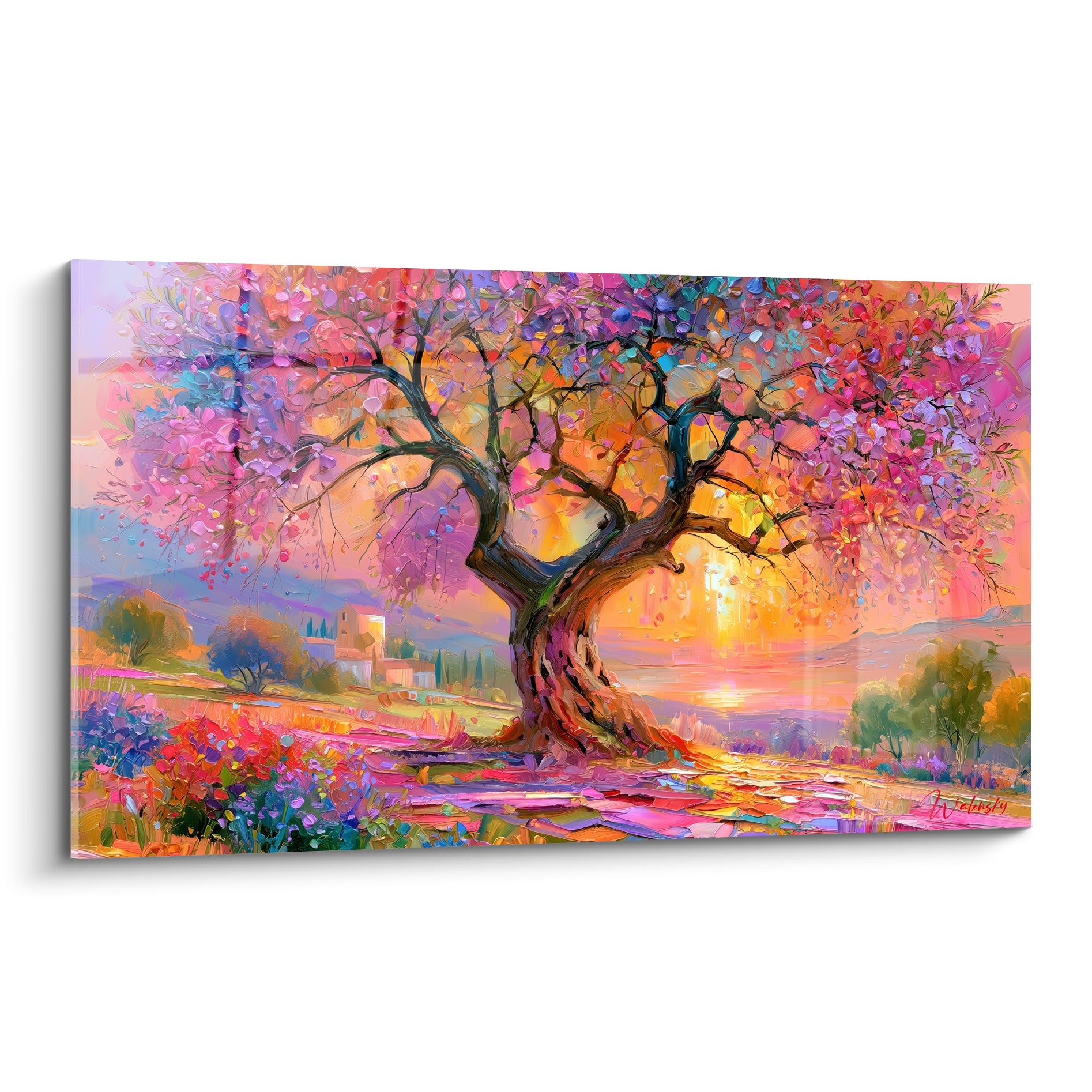 Olivier fleuri rose et violet, tronc brun sculpté, coucher de soleil orangé en fond