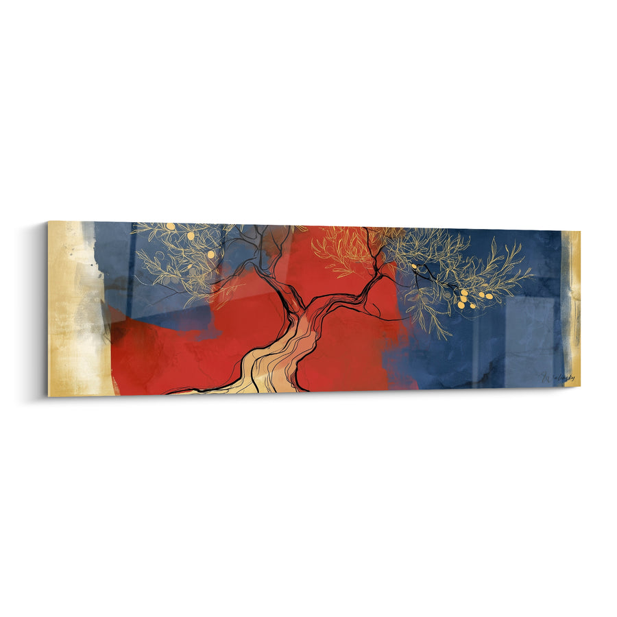 Tableau Olivier stylisé fond rouge et bleu - Racines du crépuscule - Edition Olivier