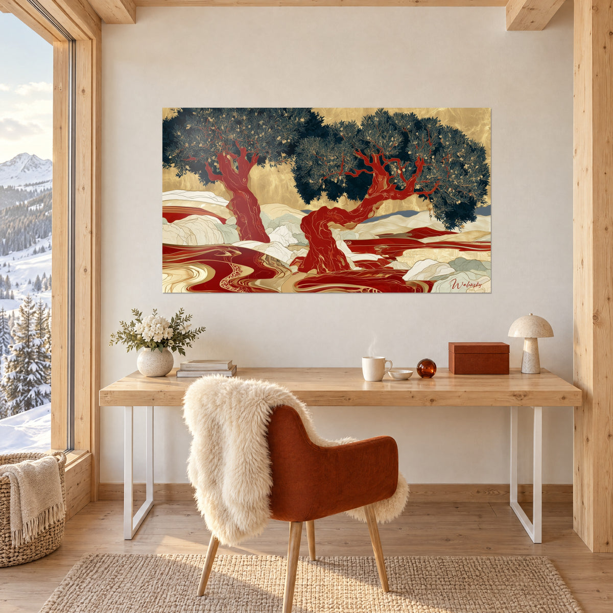 Schilderij olijflandschap in robijnrood met crèmekleurige en gouden heuvels, opgehangen aan de witte muur van een chaletkantoor naast het raam
