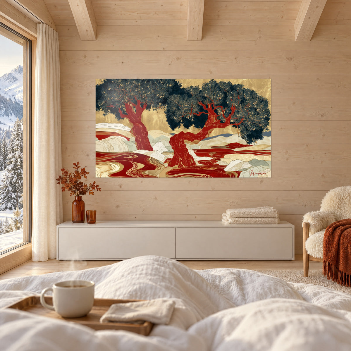 Schilderij olijfgaard met bloedrode takken en donkerblauwe bladeren op een gouden achtergrond, boven een bed in een lichte slaapkamer