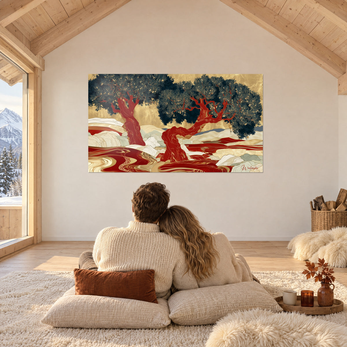 Schilderij heilige olijfbomen met vermiljoenrode stammen en scharlakenrode beekjes op een gouden achtergrond, in een berghut, koppel van achteren