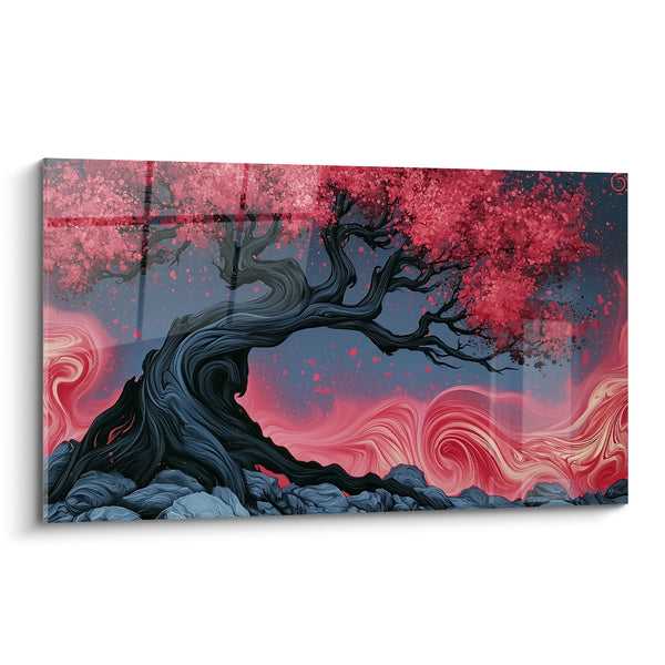 Tableau Olivier tourmenté rouge et anthracite - Braise ancestrale - Edition Olivier