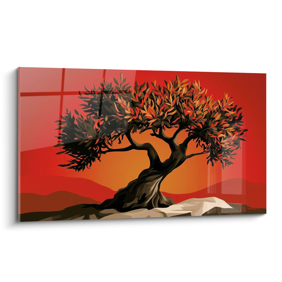Tableau Olivier tordu sur fond rouge écarlate - Veillée du crépuscule - Edition Olivier