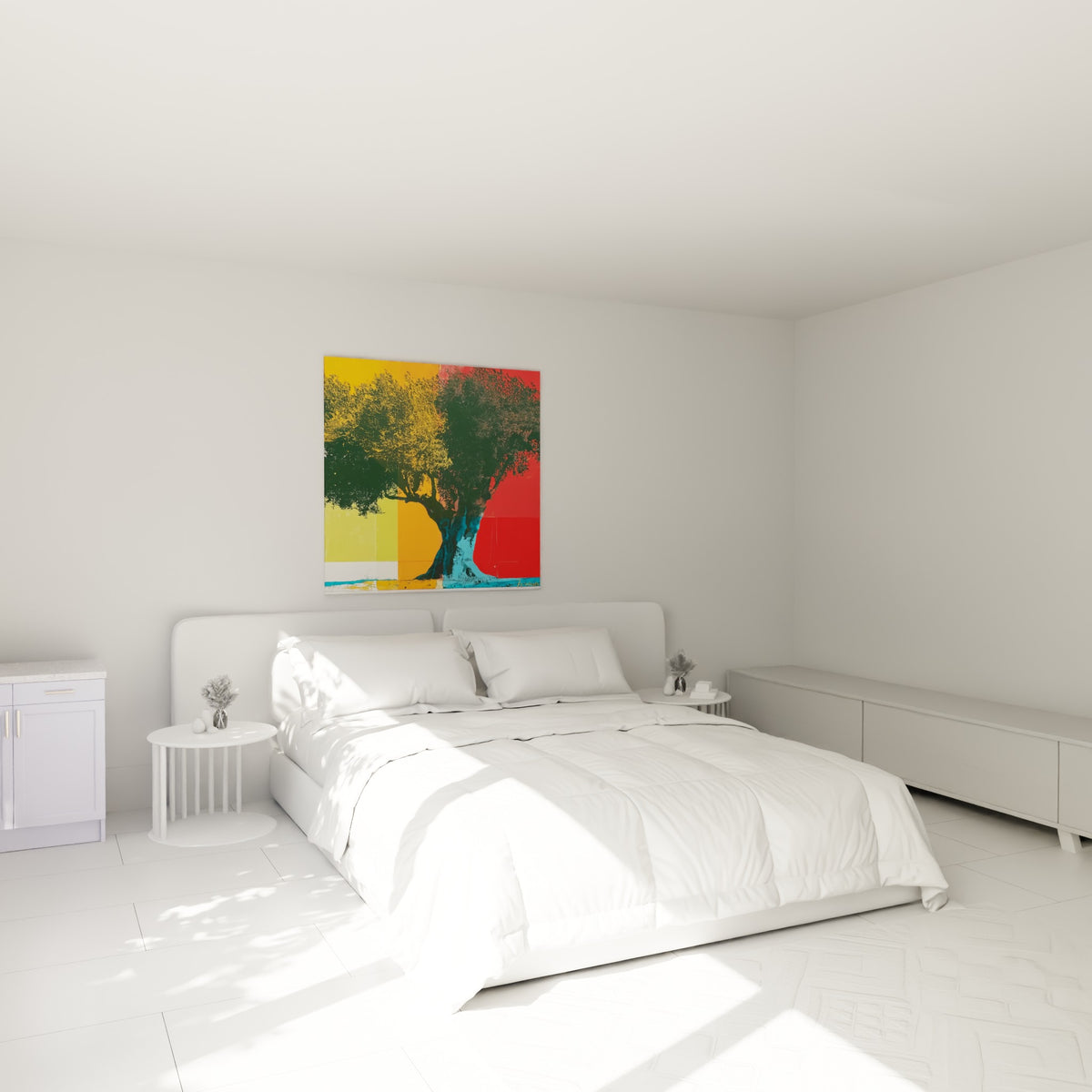 Silhouette d'olivier bleu et vert accrochée au-dessus d'un lit dans une chambre claire