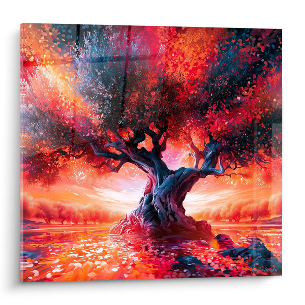 Tableau Olivier centenaire aux teintes rouge et orange - Embrasement du soir - Edition Olivier