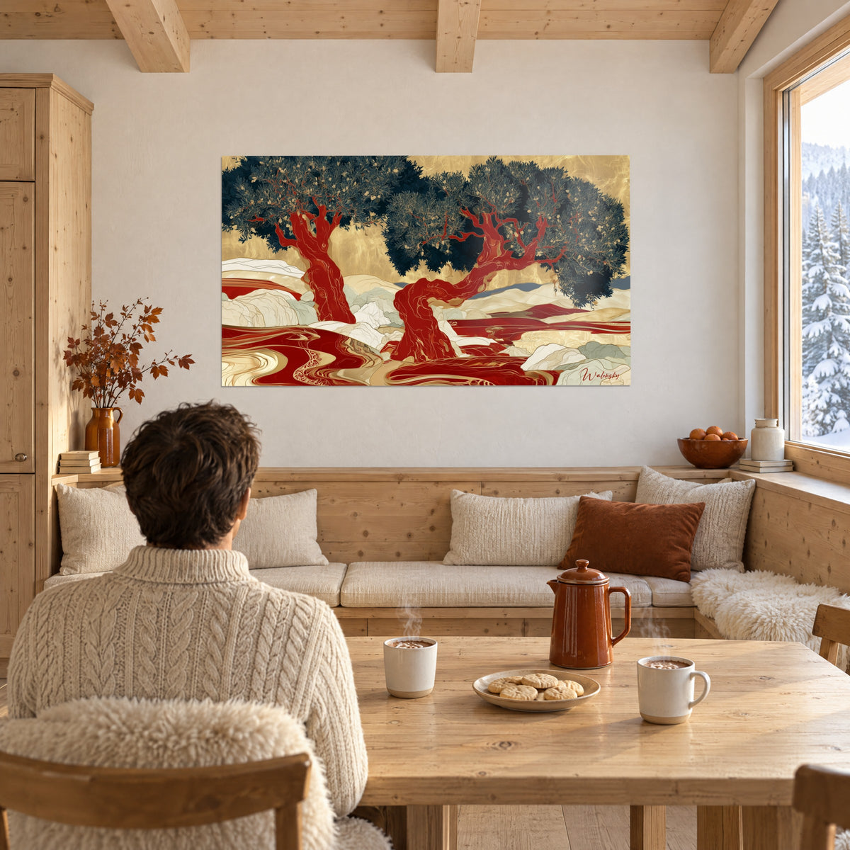 Schilderij paar olijfbomen met kronkelende baksteenrode stammen en indigokleurig gebladerte met gouden olijven, boven een houten tafel