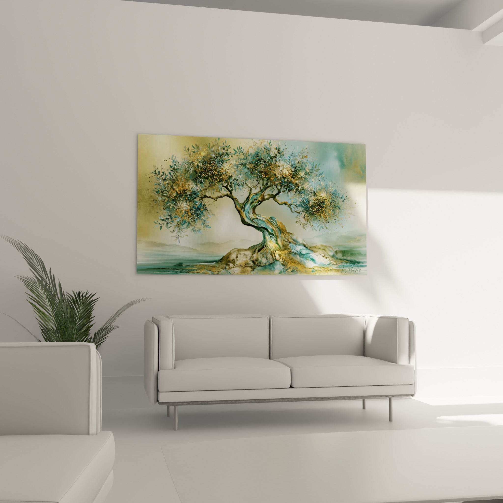 Branches noueuses dorées et feuillage turquoise disposées au-dessus d'un canapé dans un salon lumineux