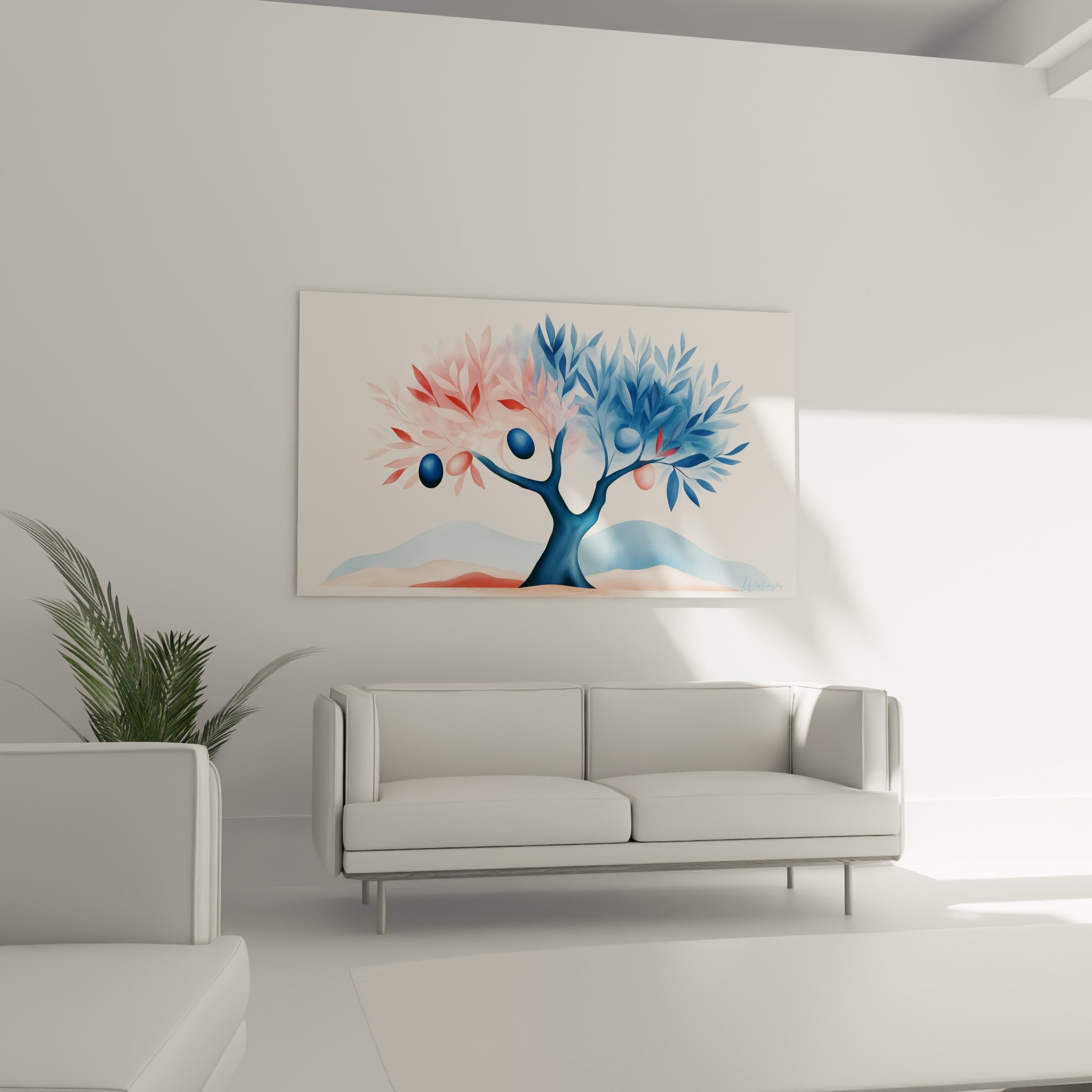 Feuillage d'olivier rose corail et bleu marine, au-dessus d'un canapé dans un salon lumineux