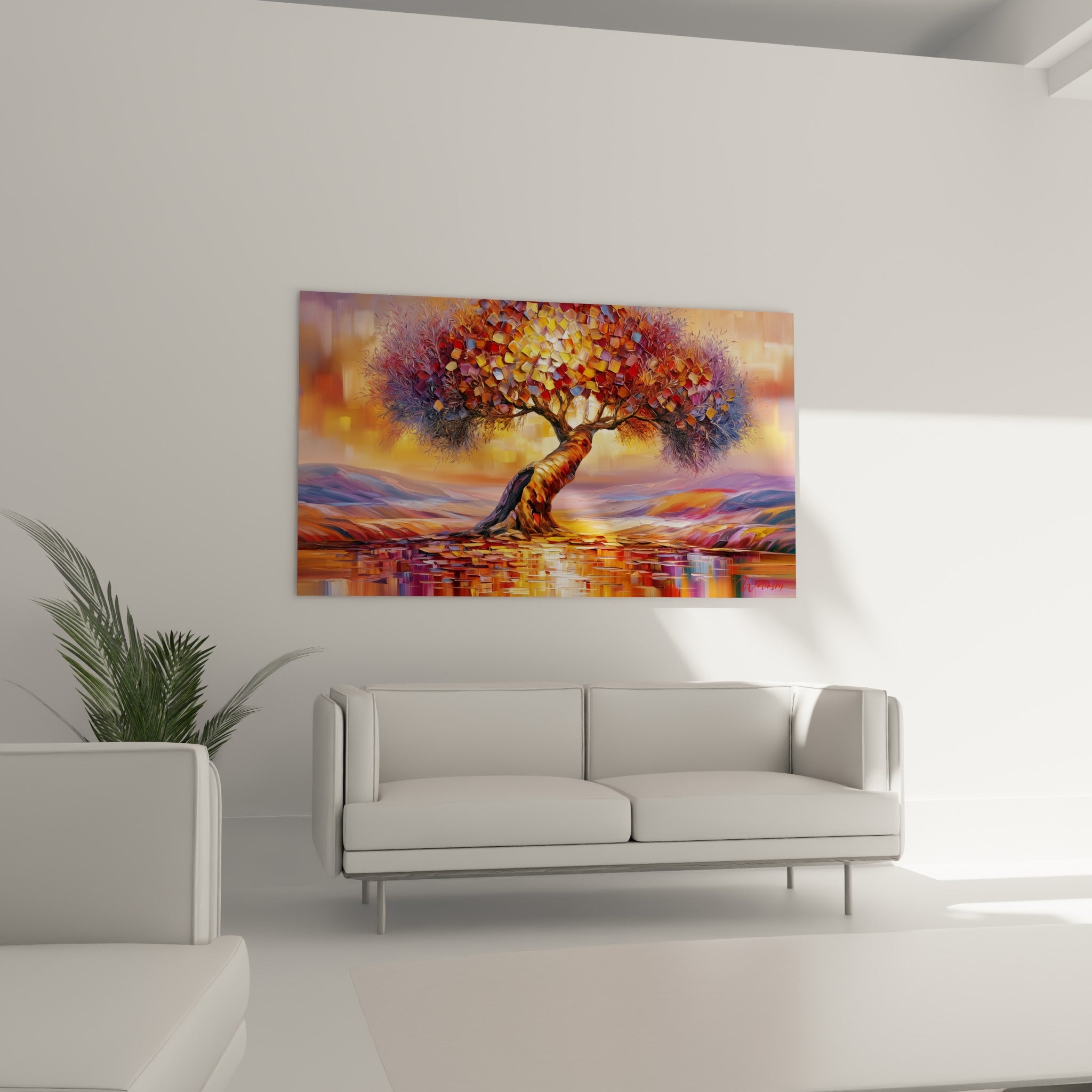 Arbre stylisé aux tons ocre et bleu lavande accroché au-dessus d'un canapé dans un salon lumineux