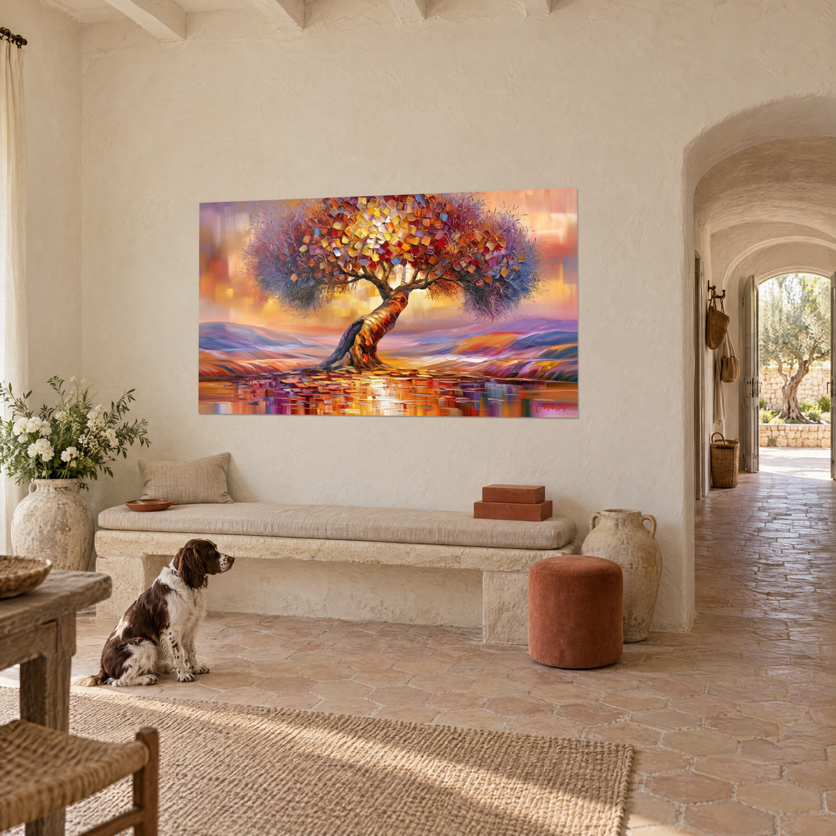 Quadro albero centenario con fogliame a mosaico rosso e viola, riflessi ramati sull'acqua, spaniel seduto, casolare