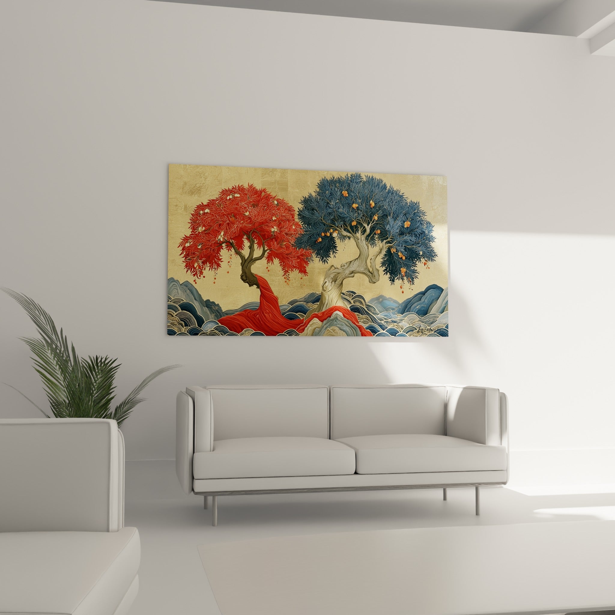 Composition d'oliviers rouge et bleu ardoise sur fond doré, suspendue au-dessus d'un canapé dans un salon lumineux