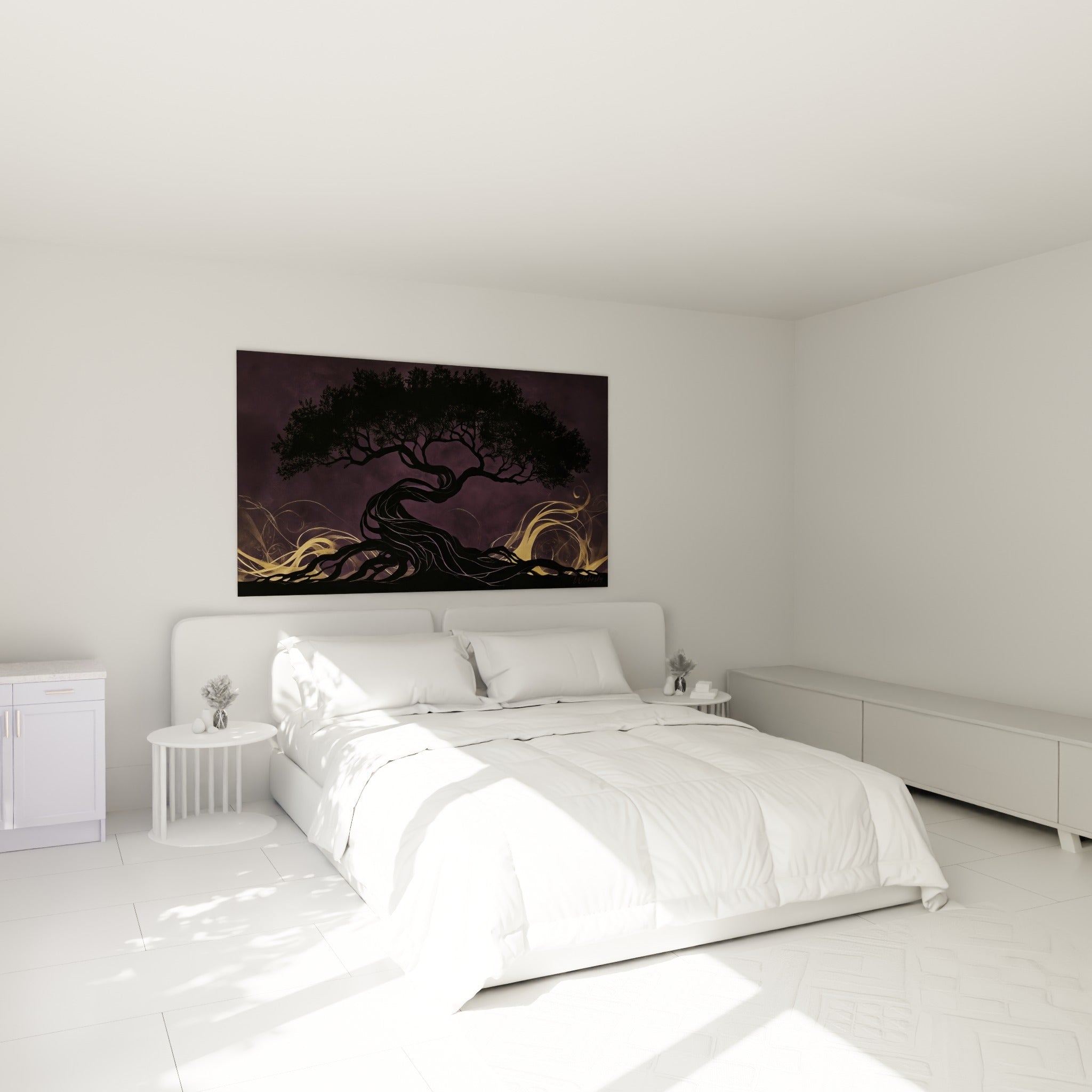 Silhouette d'Olivier anthracite et dorée accrochée au-dessus d'un lit dans une chambre claire