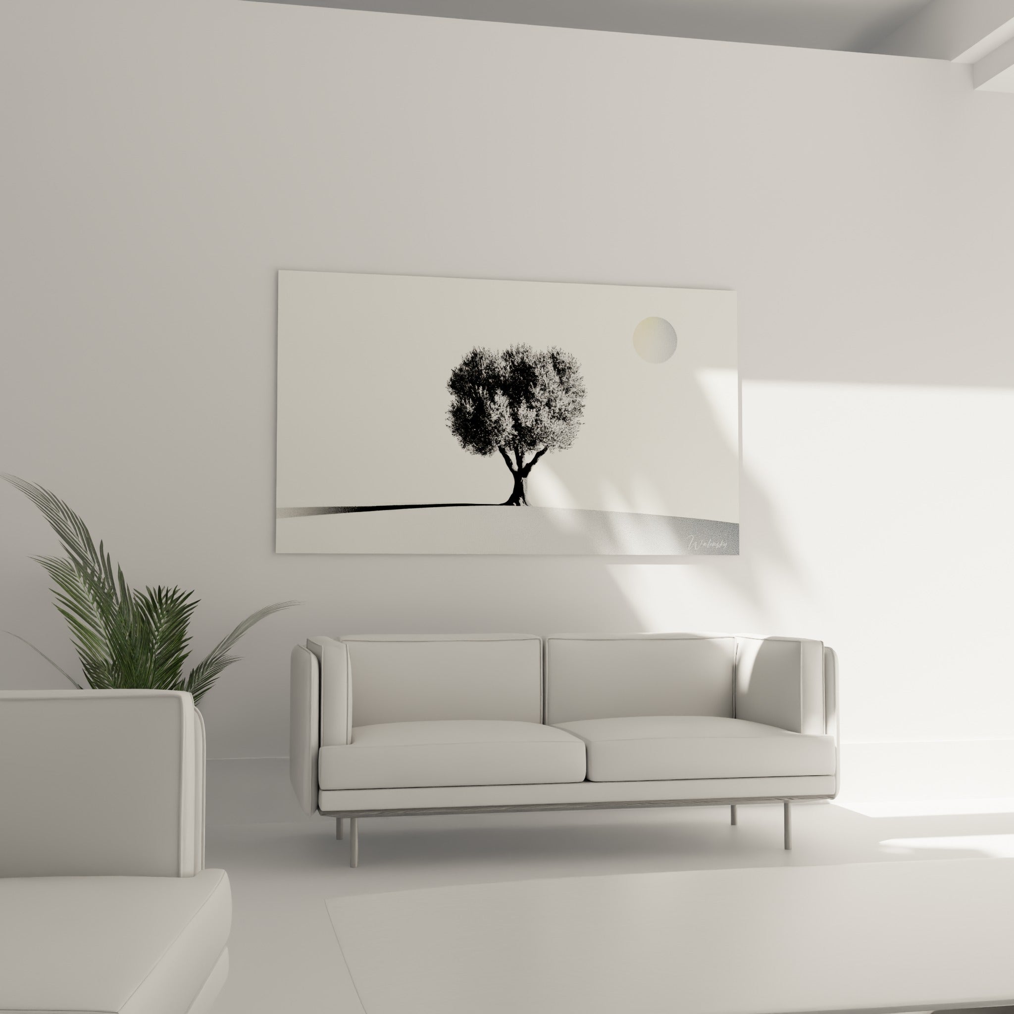 Arbre solitaire en noir profond et beige doré au-dessus d'un canapé dans un salon lumineux