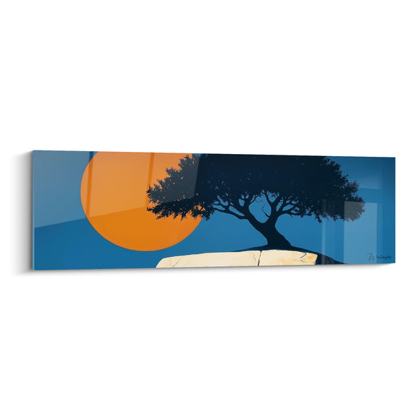 Tableau Olivier noir bleu et orange sur rocher fendu - Disque solaire massif - Edition Olivier