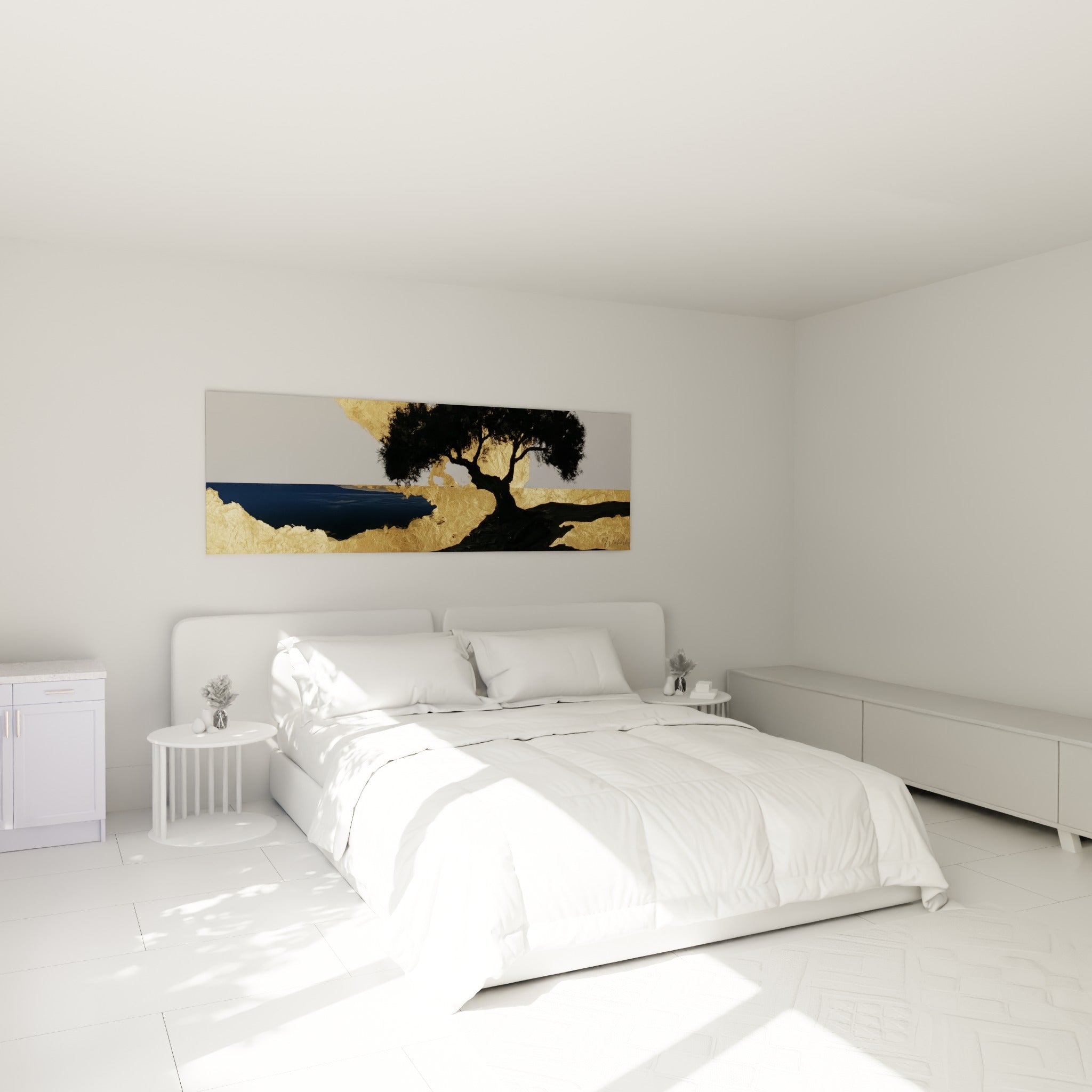 Silhouette d'olivier noir et doré, tableau accroché au-dessus d'un lit dans une chambre claire