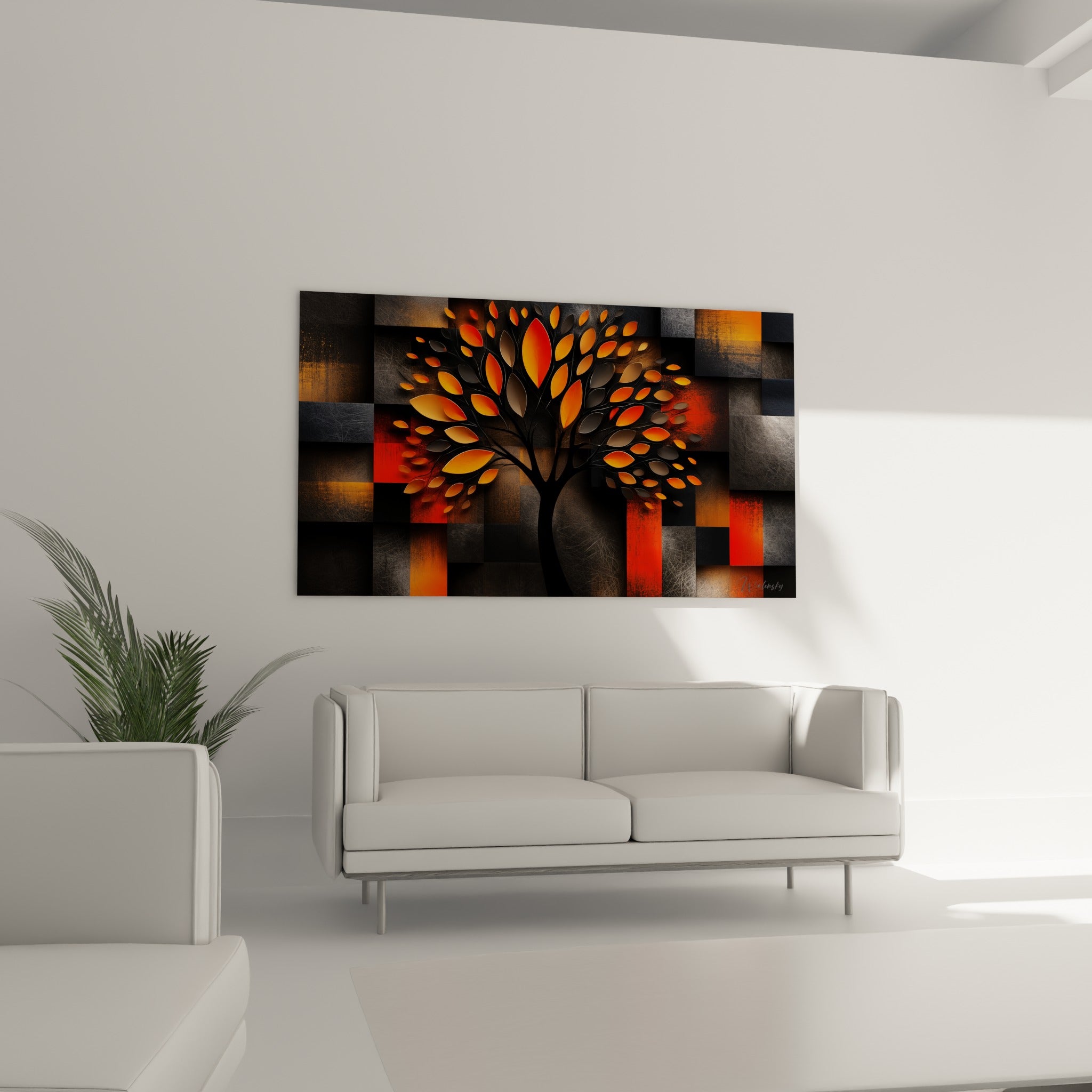 Arbre graphique orange et anthracite d'Olivier suspendu au-dessus d'un canapé dans un salon lumineux