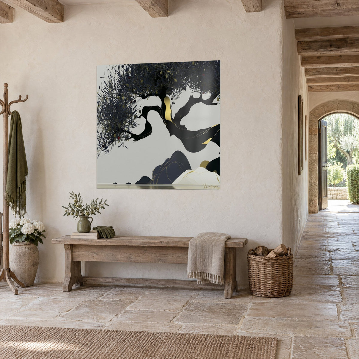 Wall art centuries-old olive tree in black ink, midnight blue foliage and golden vein, cream wall, wooden bench, stone house