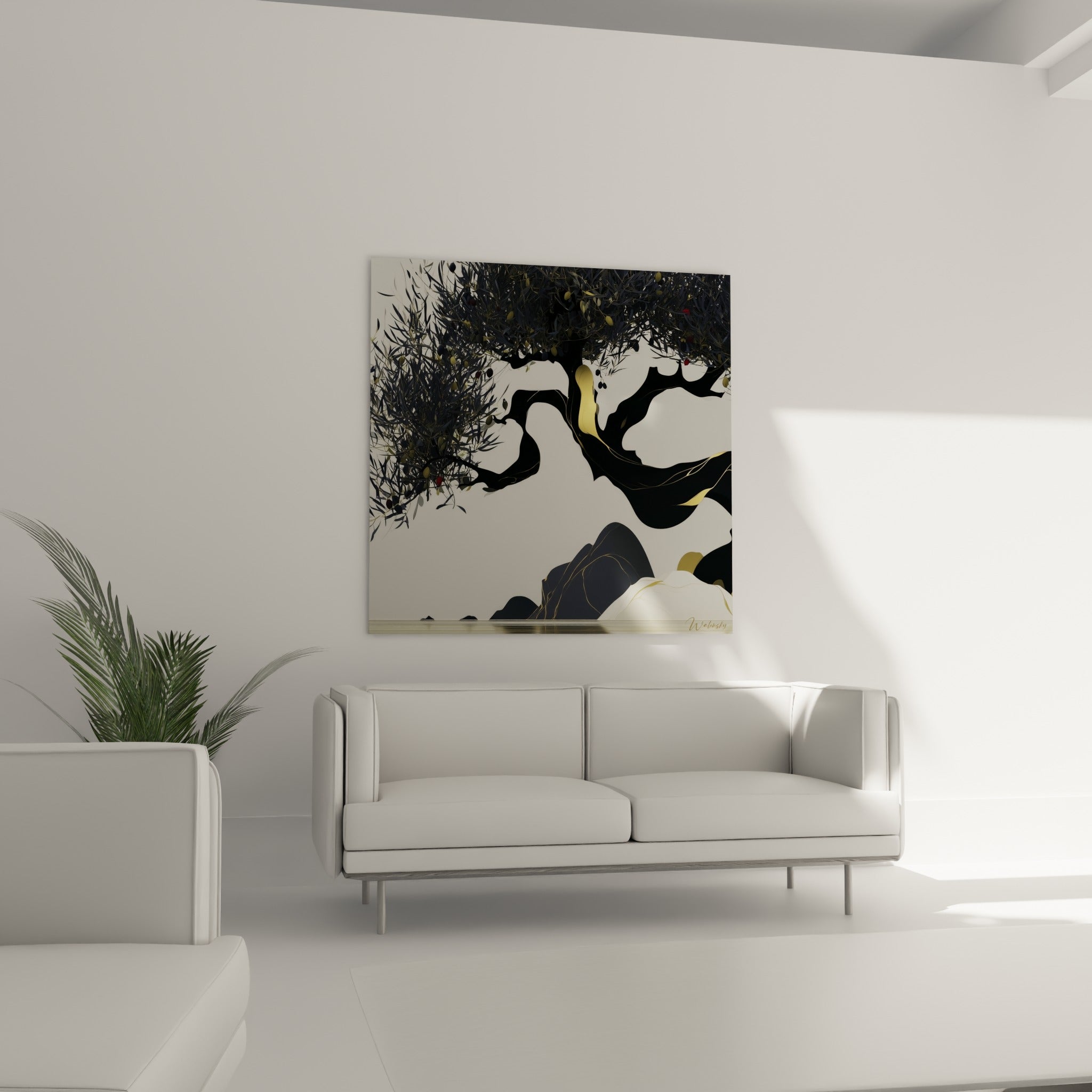 Silhouette anthracite de l'olivier aux reflets dorés au-dessus d'un canapé dans un salon lumineux