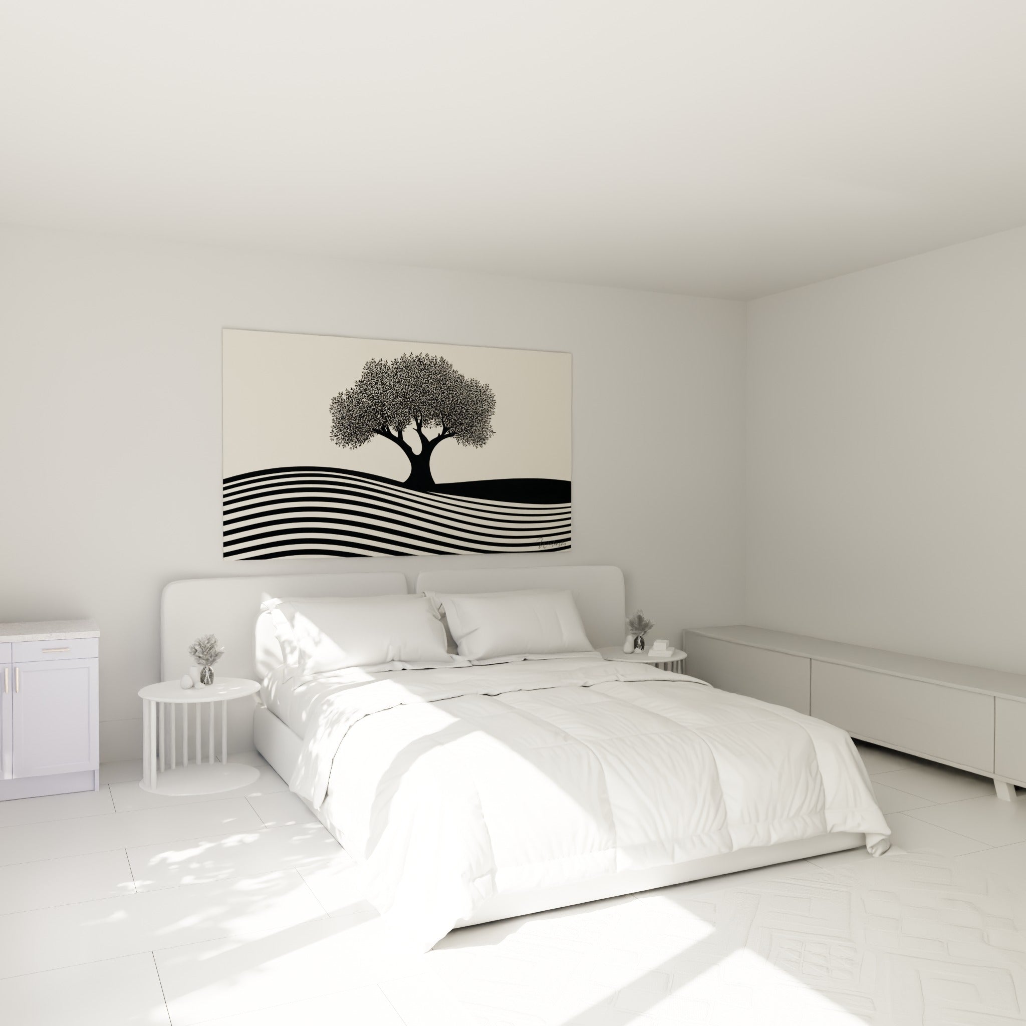 Silhouette d'olivier anthracite et crème accrochée au-dessus d'un lit dans une chambre claire