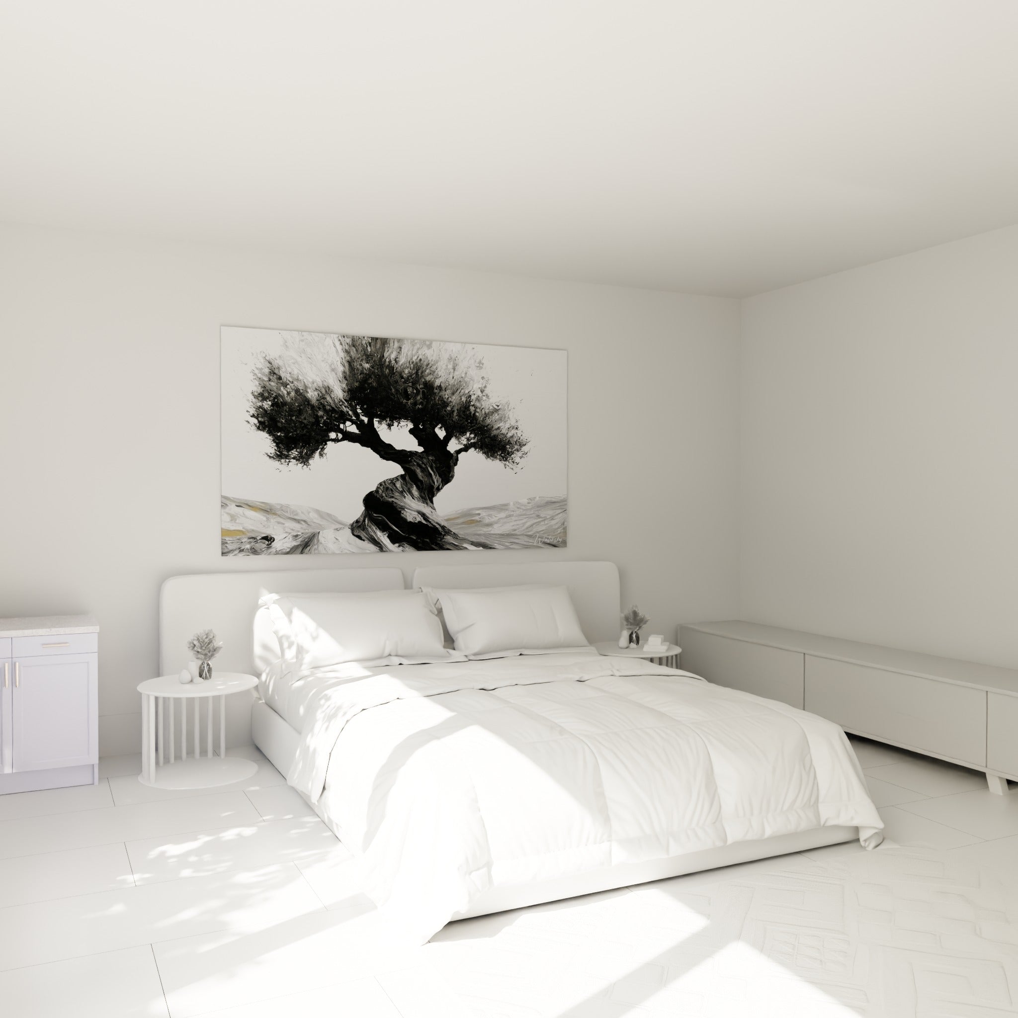 Silhouette d'olivier noire et grise se dressant au-dessus d'un lit dans une chambre claire