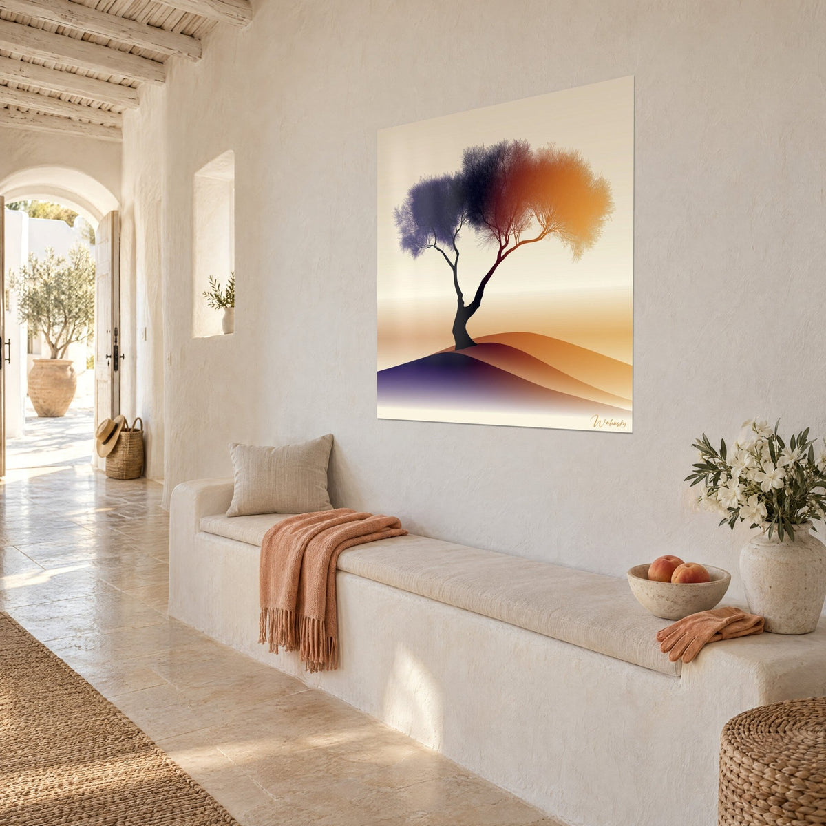 Wall art gnarled tree with an indigo and amber canopy, gradient hill, white wall of a Mediterranean house