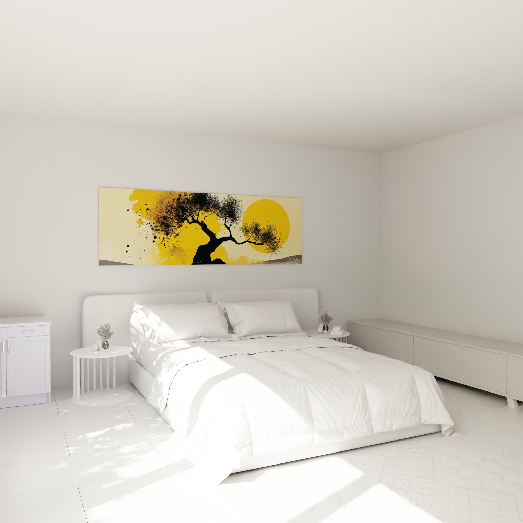 Silhouette noire d'un olivier devant un soleil jaune doré, au-dessus d'un lit dans une chambre claire