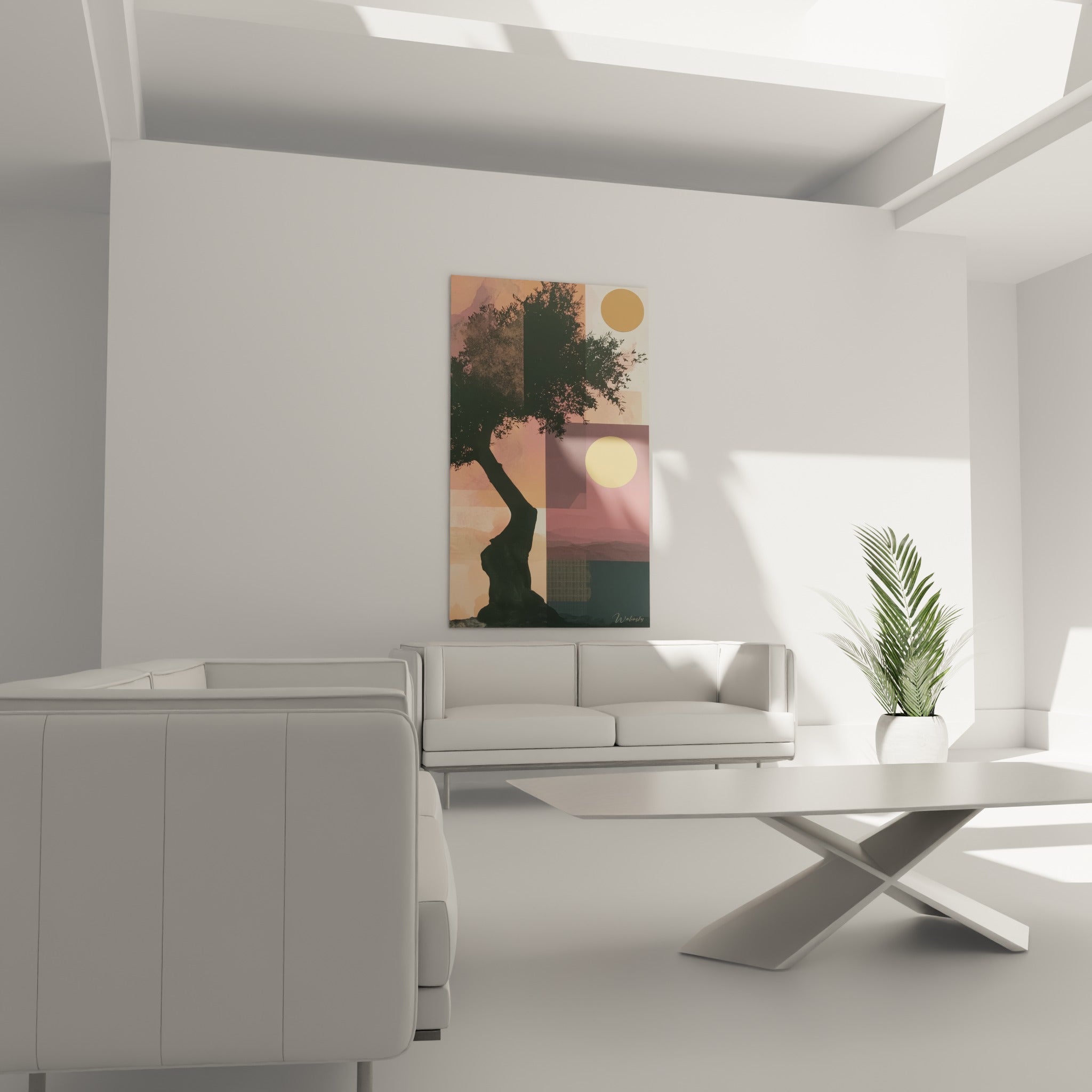 Feuillage sombre de l'olivier sur fond prune et doré, au-dessus d'un canapé dans un salon lumineux