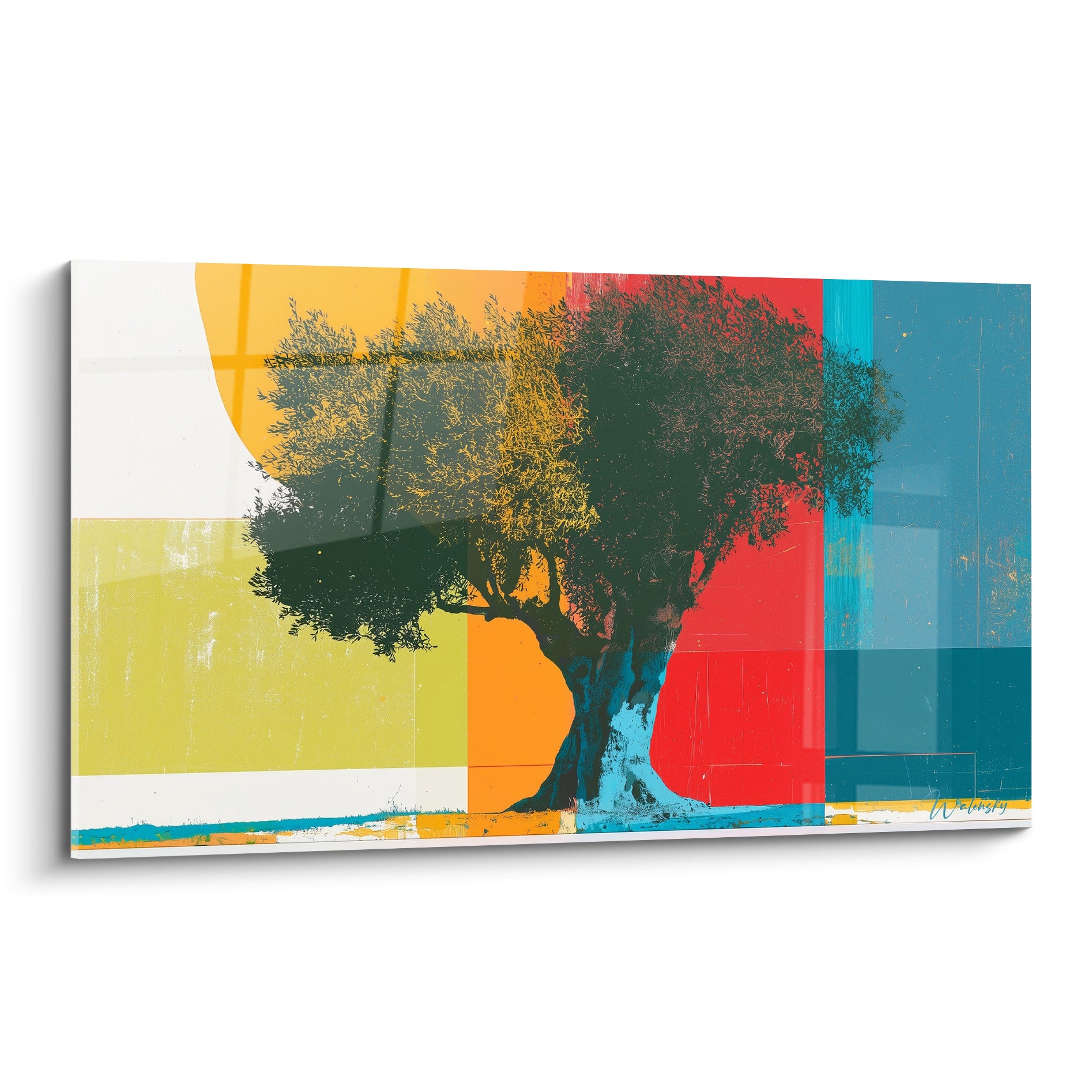 Olivier en silhouette sombre sur fond de blocs rouge, ocre et bleu pétrole graphiques