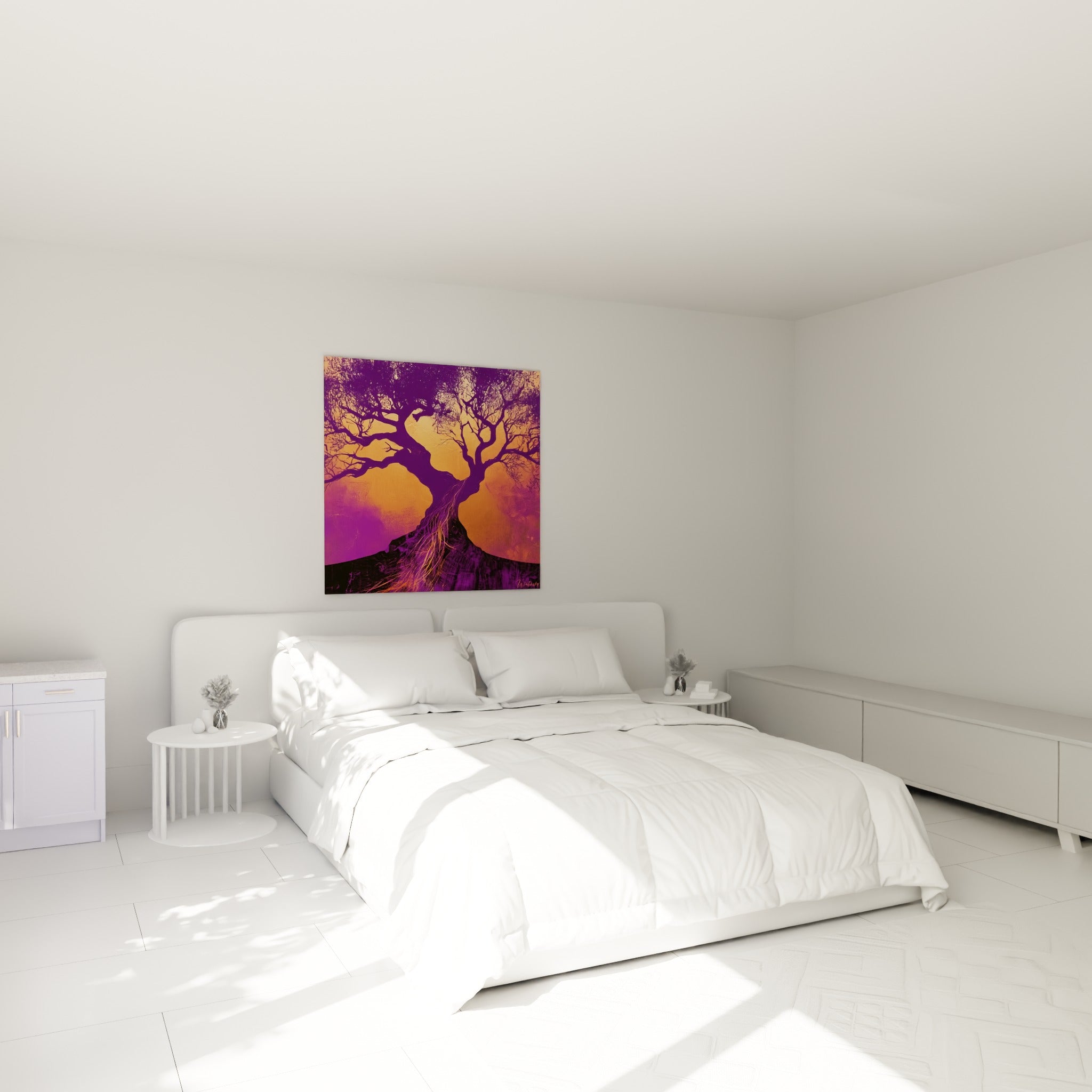 Arbre tourmenté aux teintes violettes et orangées, accroché au-dessus d'un lit dans une chambre claire