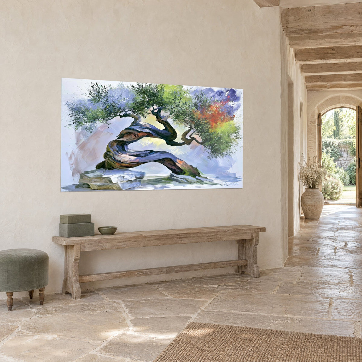 Wall art gnarled tree with twisted branches, soft green and blazing orange, hung at an angle above a wooden bench