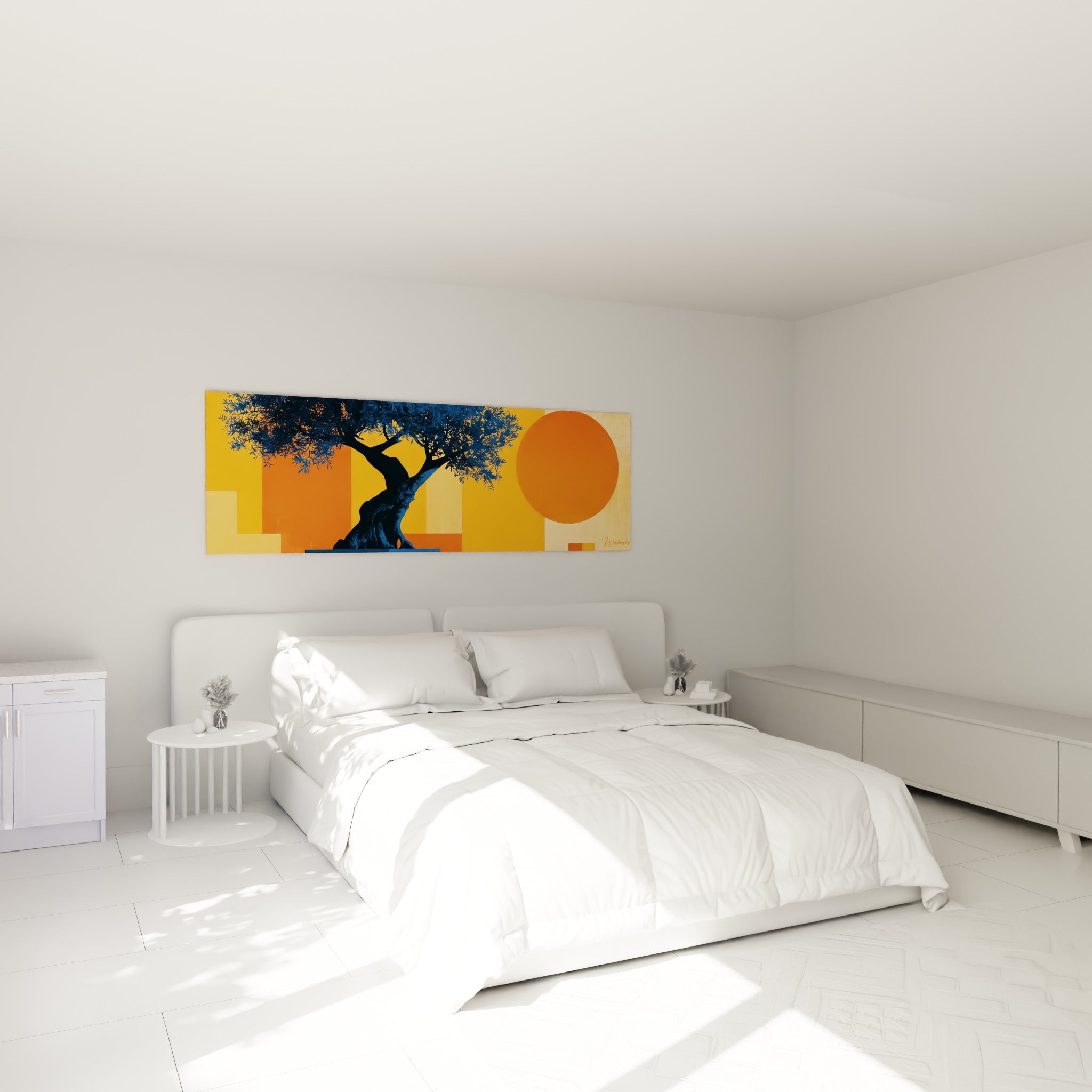 Silhouette d'olivier bleu marine et disque orange accrochée au-dessus d'un lit dans une chambre claire
