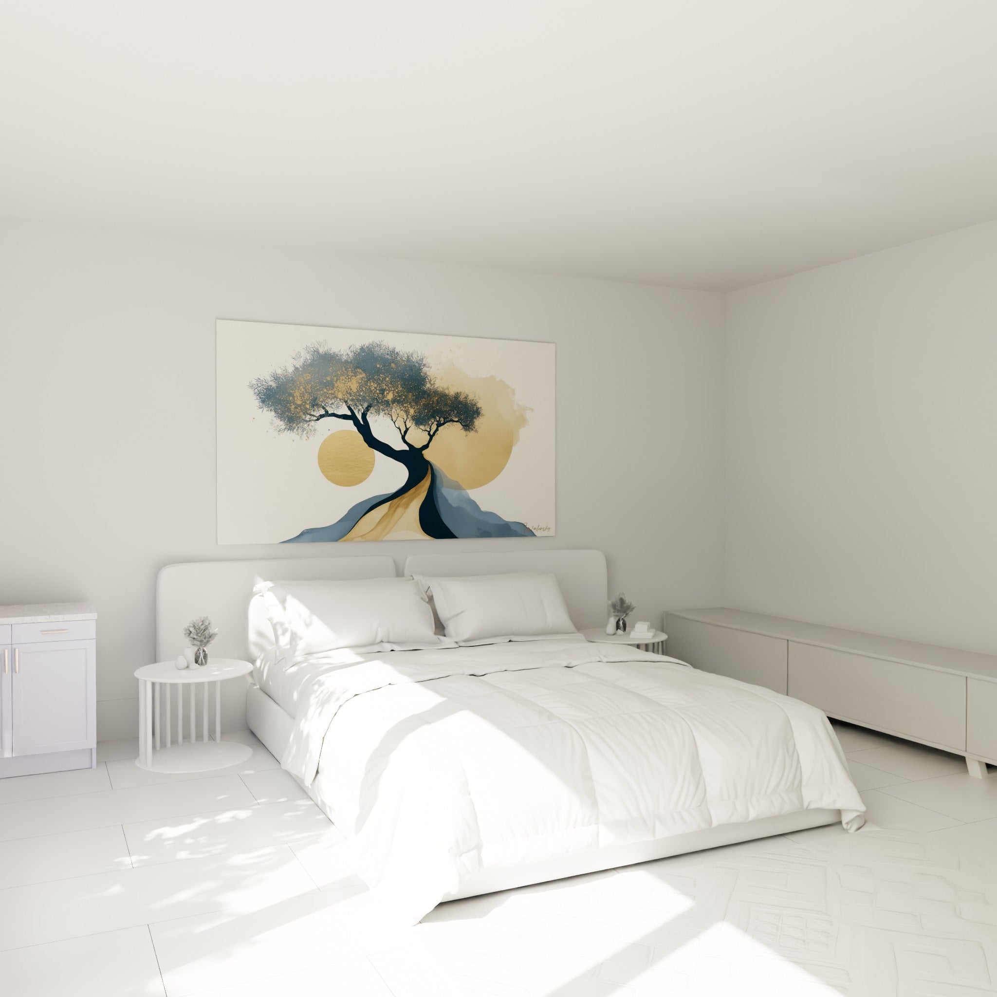 Silhouette d'olivier bleu marine et or déployée au-dessus d'un lit dans une chambre claire