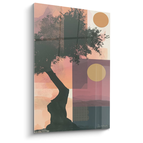 Tableau Olivier terracotta et rose aux deux soleils - Double crépuscule méditerranéen - Edition Olivier